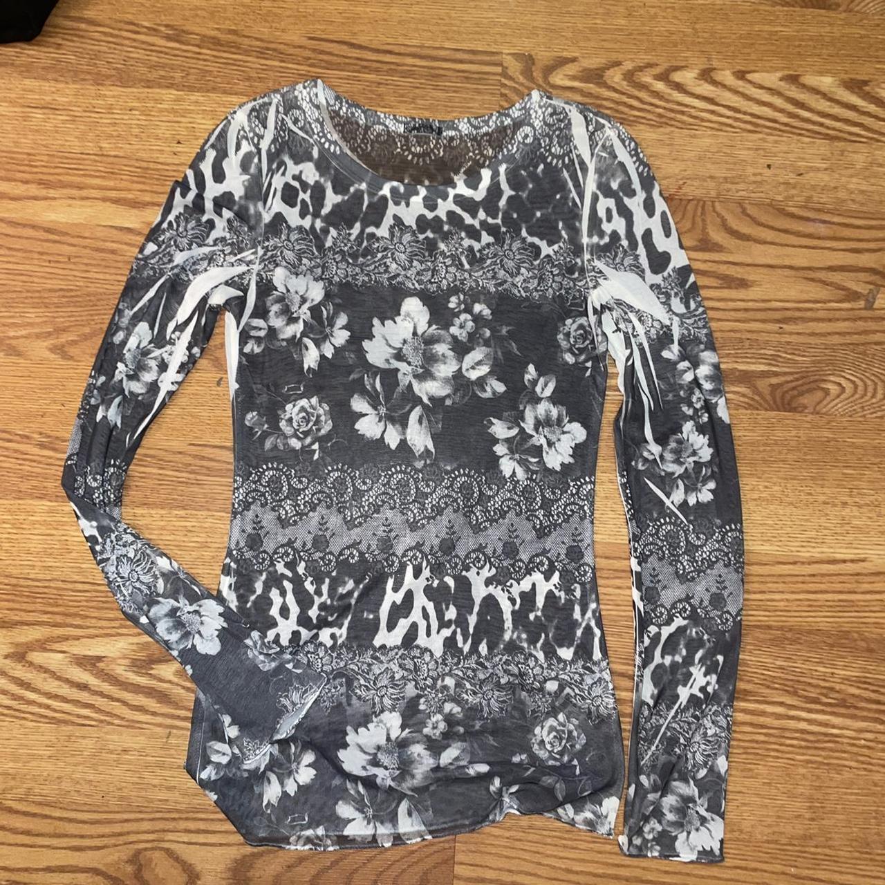 Mesh long sleeve top. Completely sheer B&W floral... - Depop