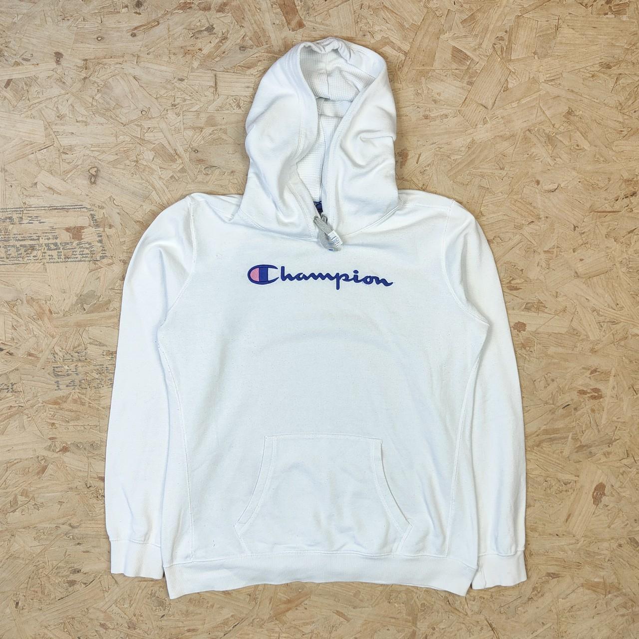 Vintage white champion hoodie spellout embroidered... - Depop