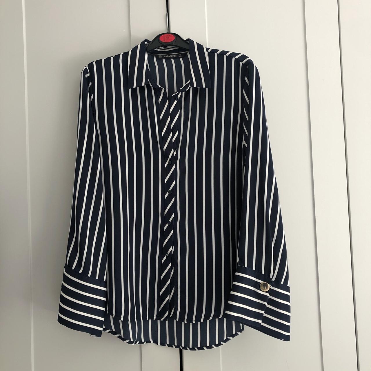 No swaps - Zara navy blue and white silk striped... - Depop