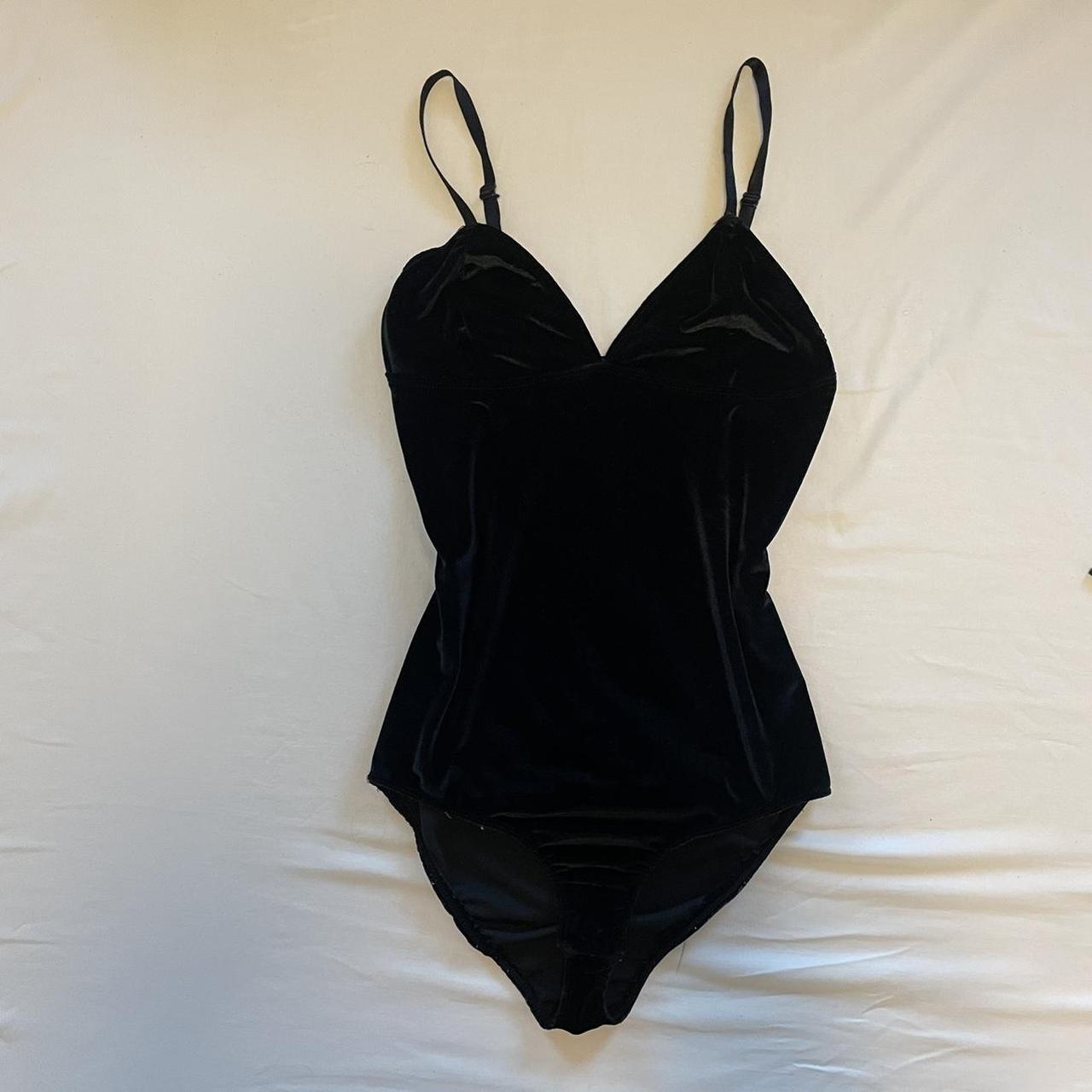 Black velvet body suit with a sweetheart bust... - Depop