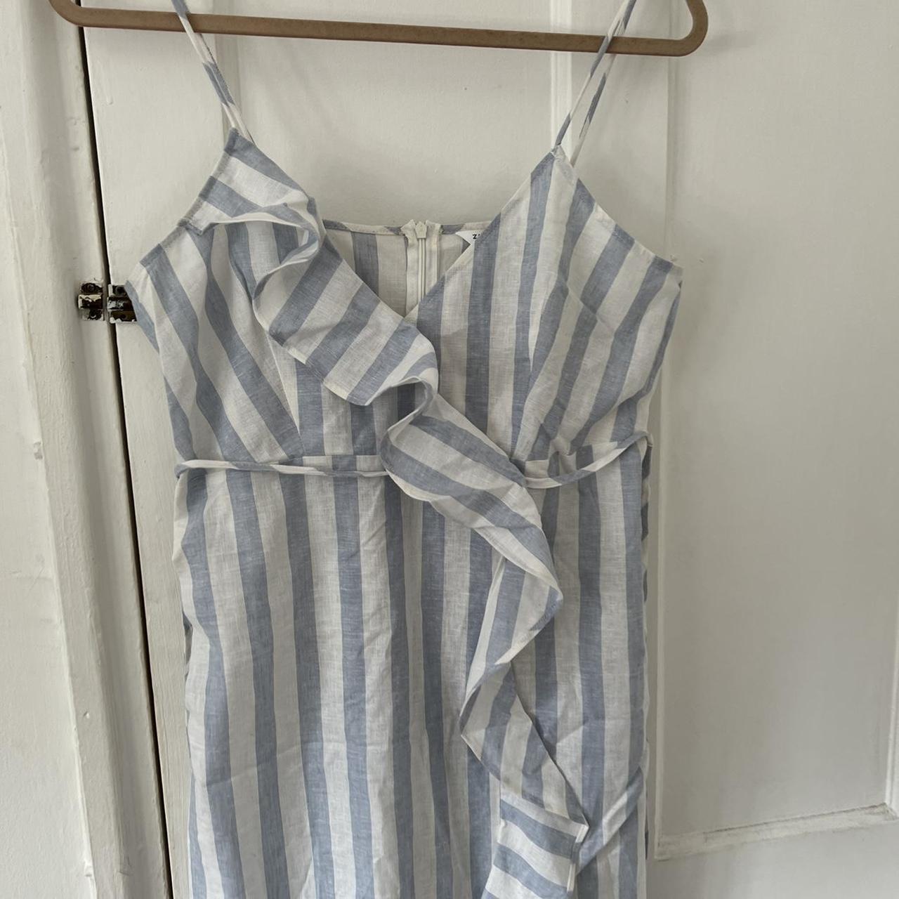 Zara blue and white stripe linen midi dress Size... Depop