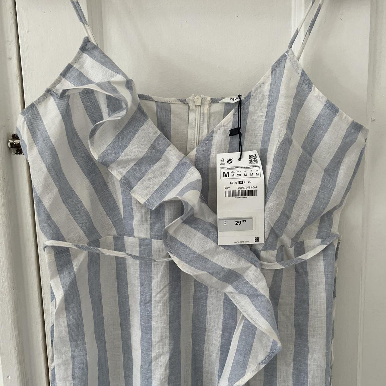 Zara blue and white stripe linen midi dress Size... Depop