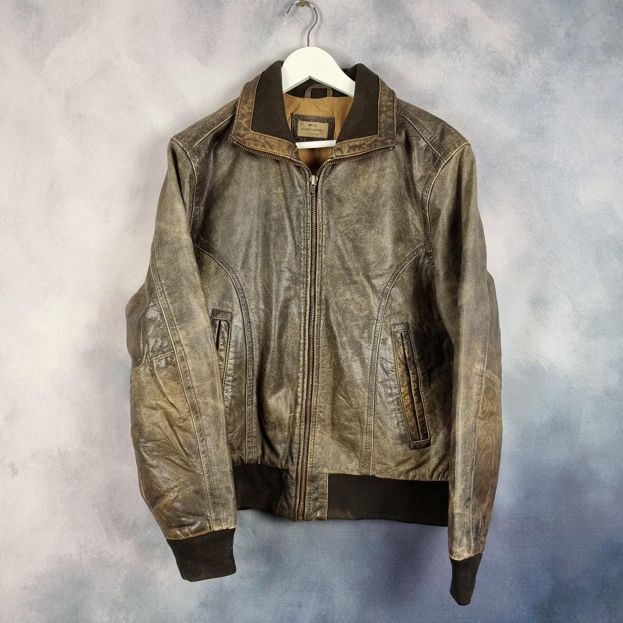 Jack Jones vintage style real leather bomber varsity... - Depop