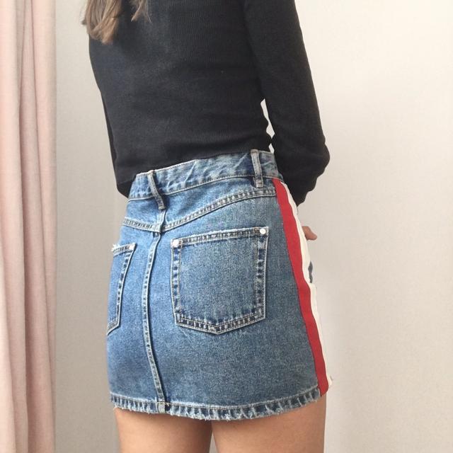 Denim skirt with 2024 red and white stripe