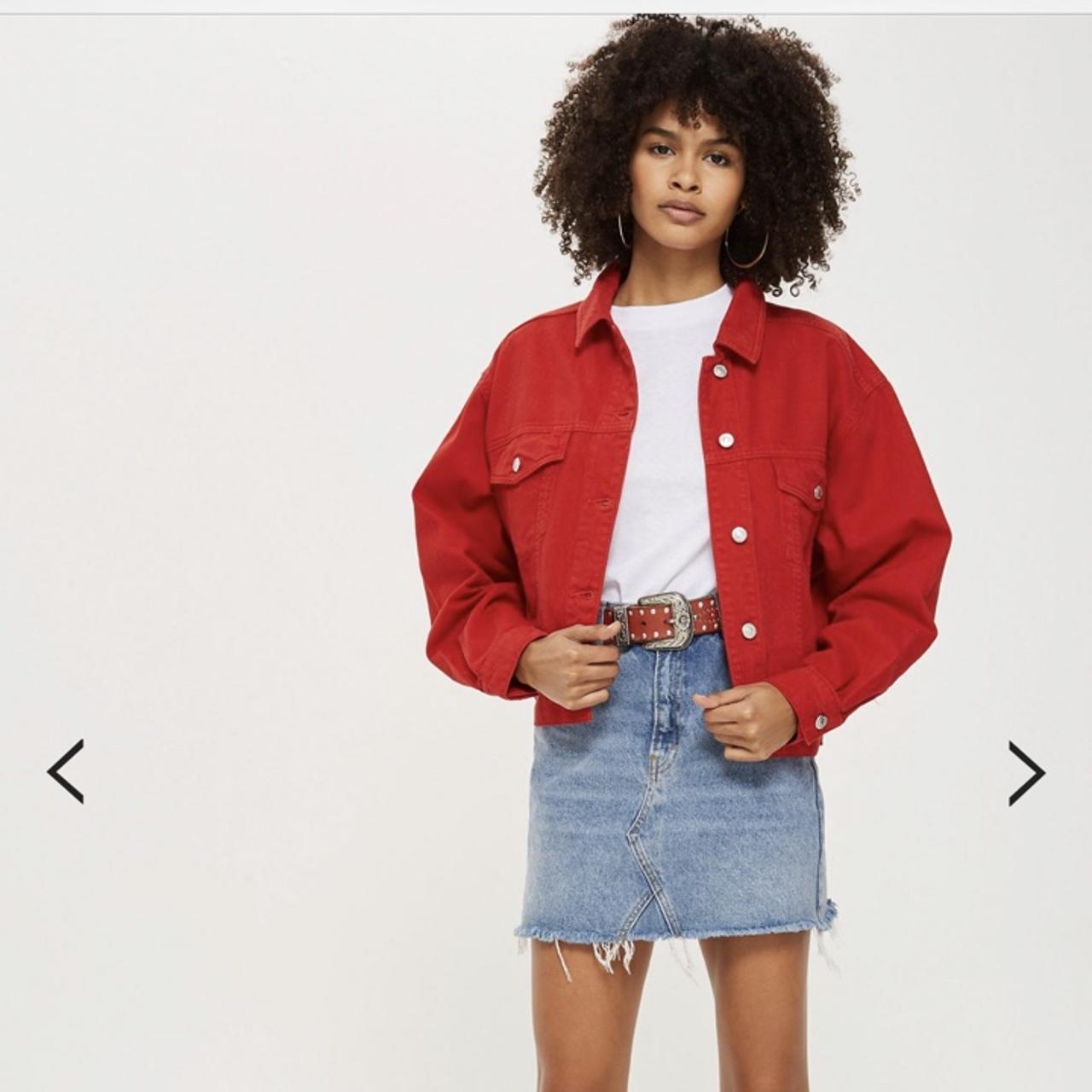 Red denim jacket hardly ever worn and no marks,... - Depop