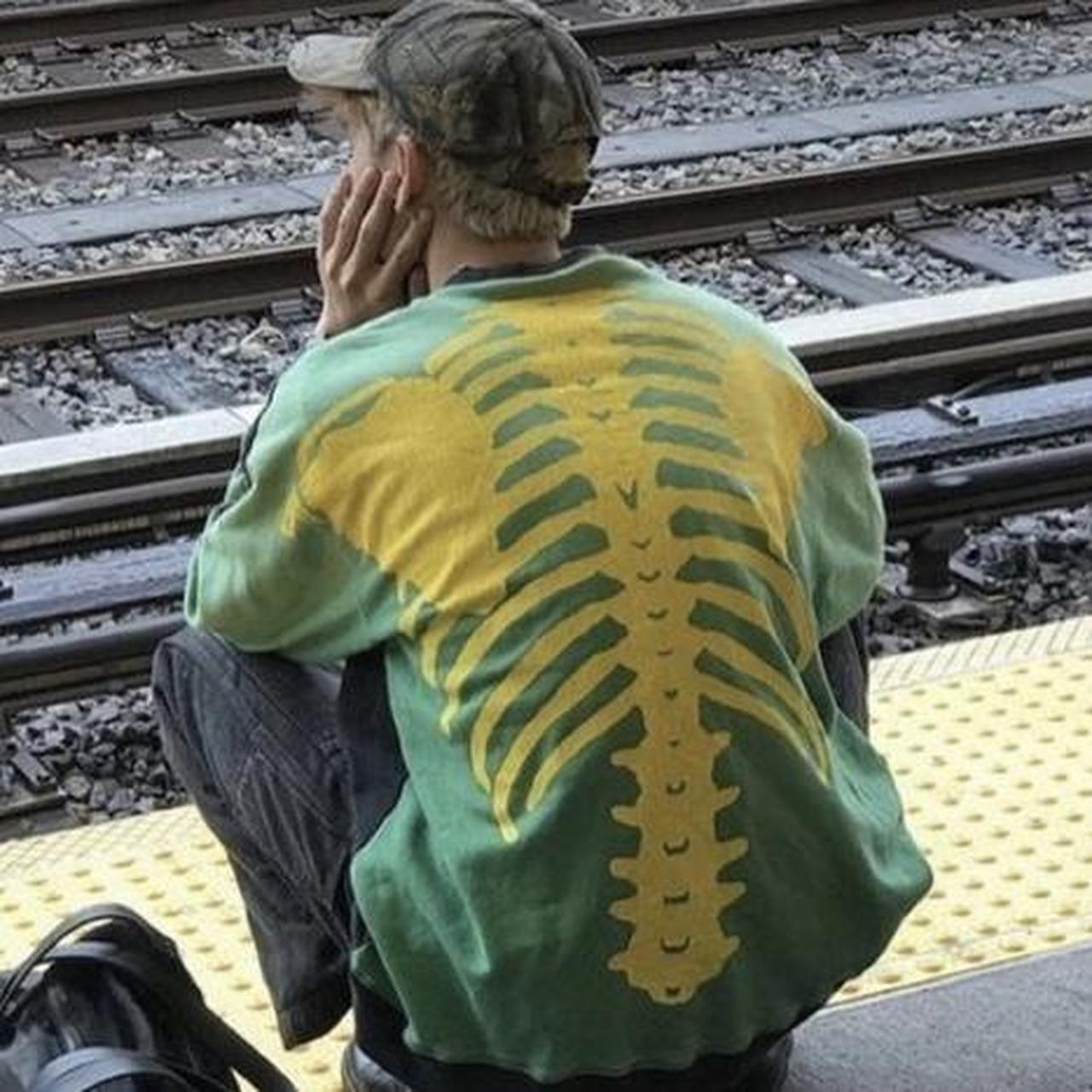 Dark grey and green Kapital jumper with skeleton on... Depop