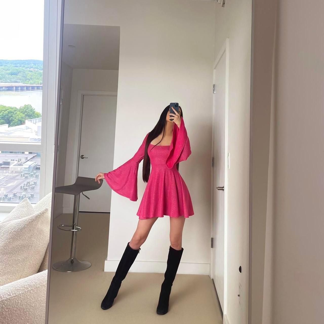 Dolls Kill Pink Sparkly Flared Sleeve Mini Dress in... - Depop