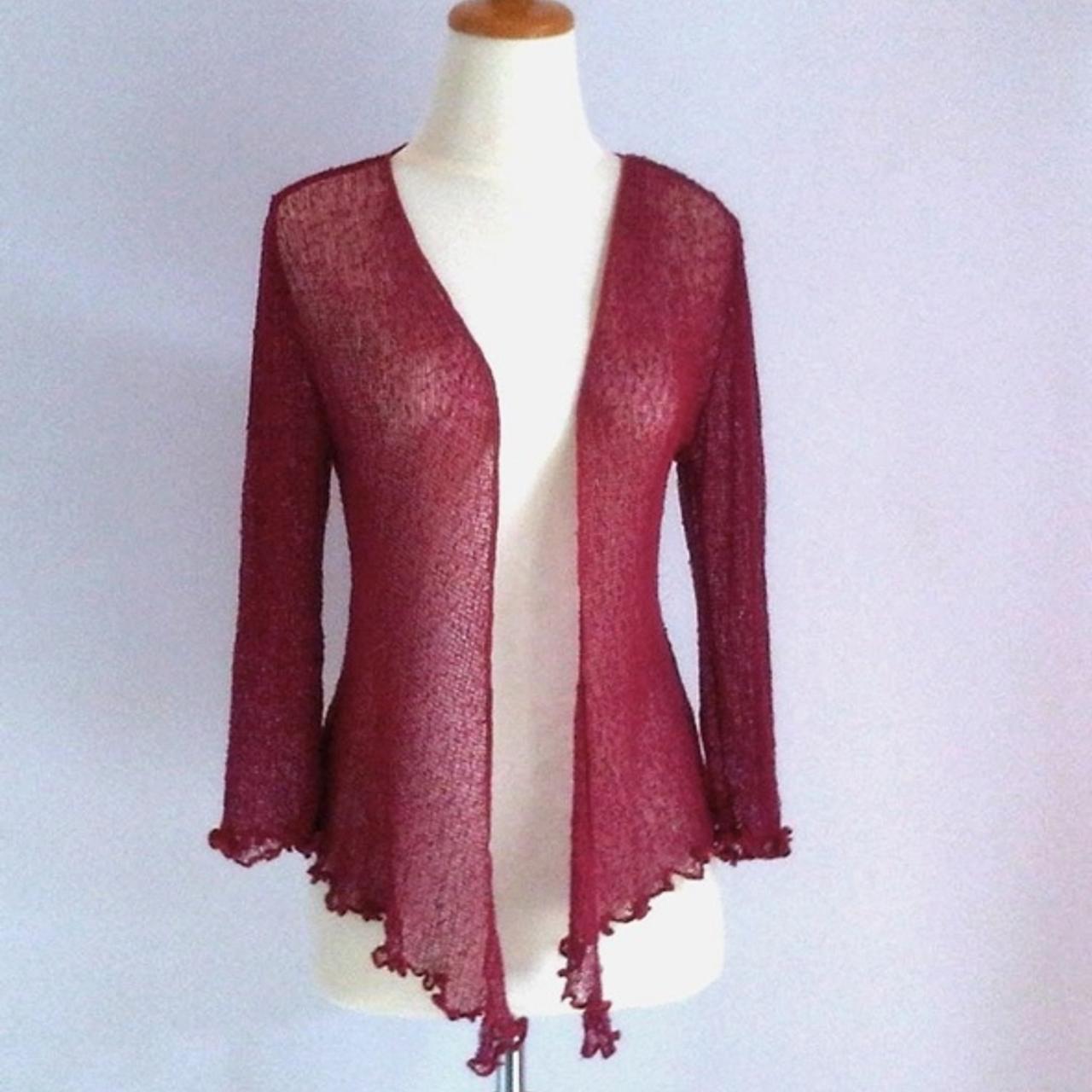 Cherry red knit tie front cardigan top in white with... - Depop