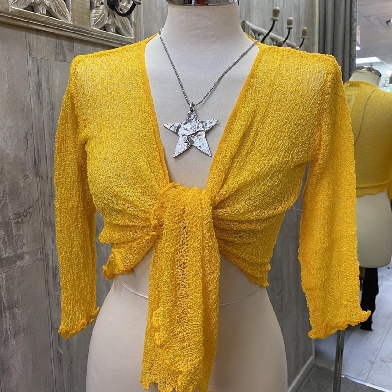 Mustard yellow boucle fine knit tie front cardigan... - Depop
