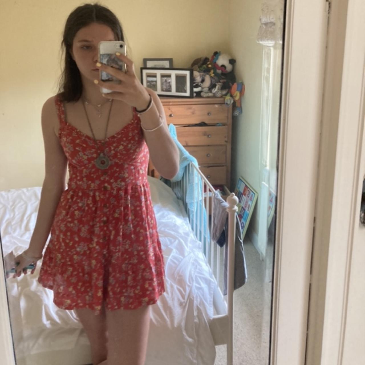 Red flowery mini dress. Red summer mini dress. Red... - Depop