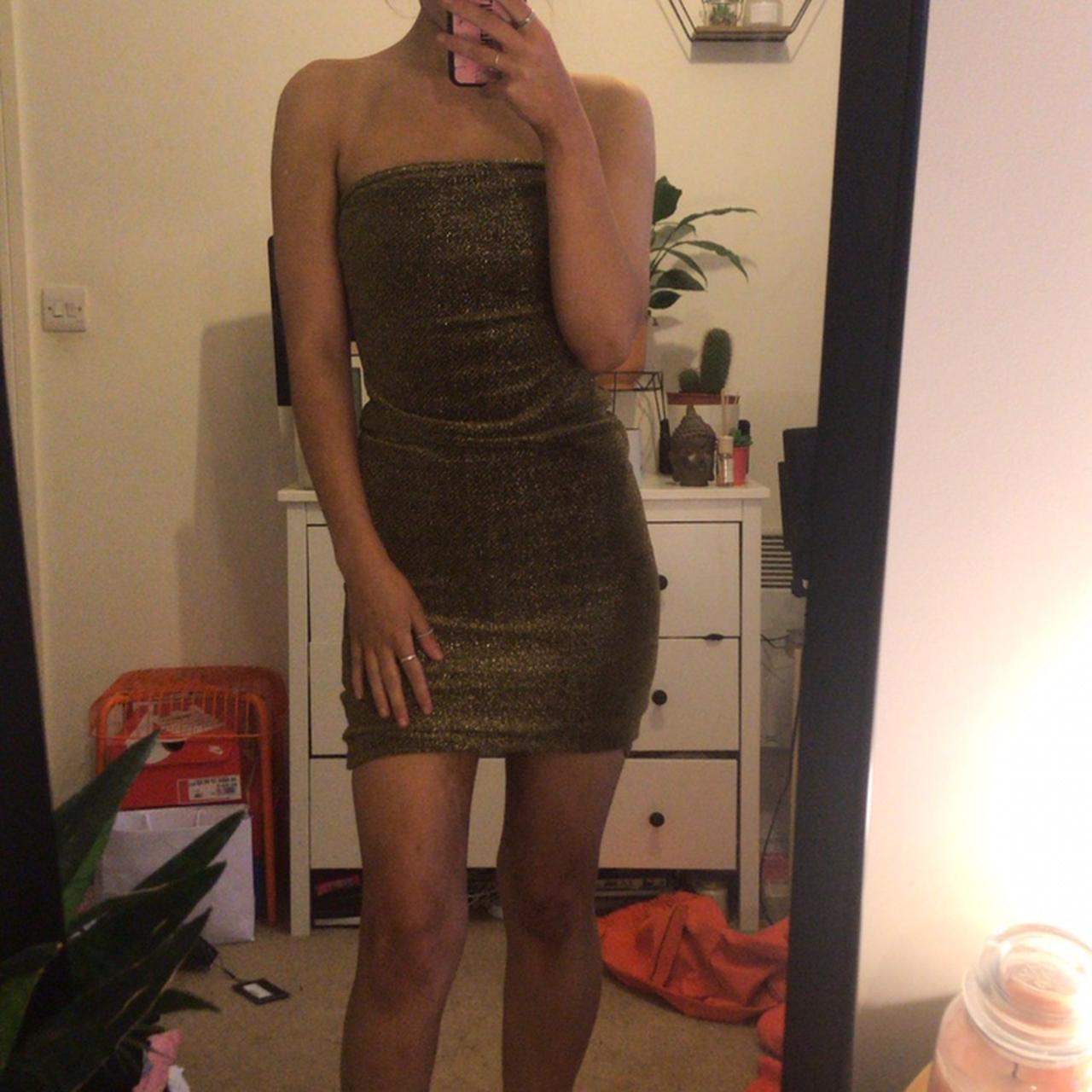 PrettyLittleThing Gold Glitter Boob Tube Dress Wear... | Depop