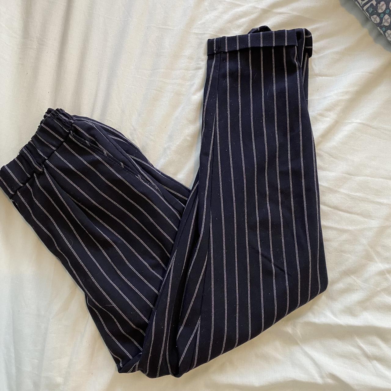Bershka Navy Blue Pinstripe Trousers size S (would... - Depop