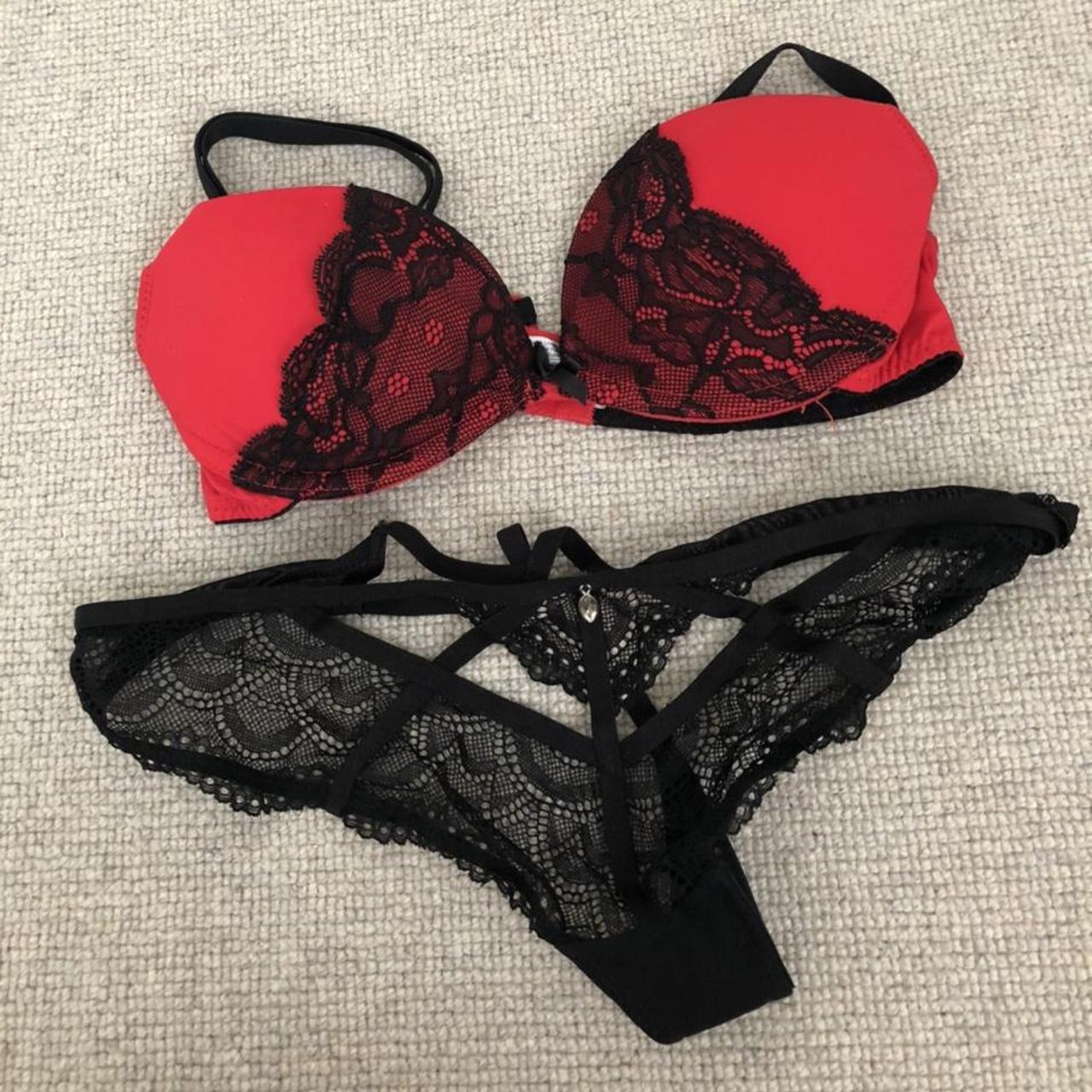 Sexy red and black bra set. Bra fits 32/34 a/b and... - Depop