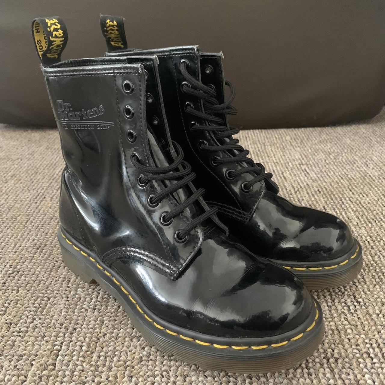 DR. MARTENS PATENT LEATHER LACE-UP BLACK BOOTS... - Depop