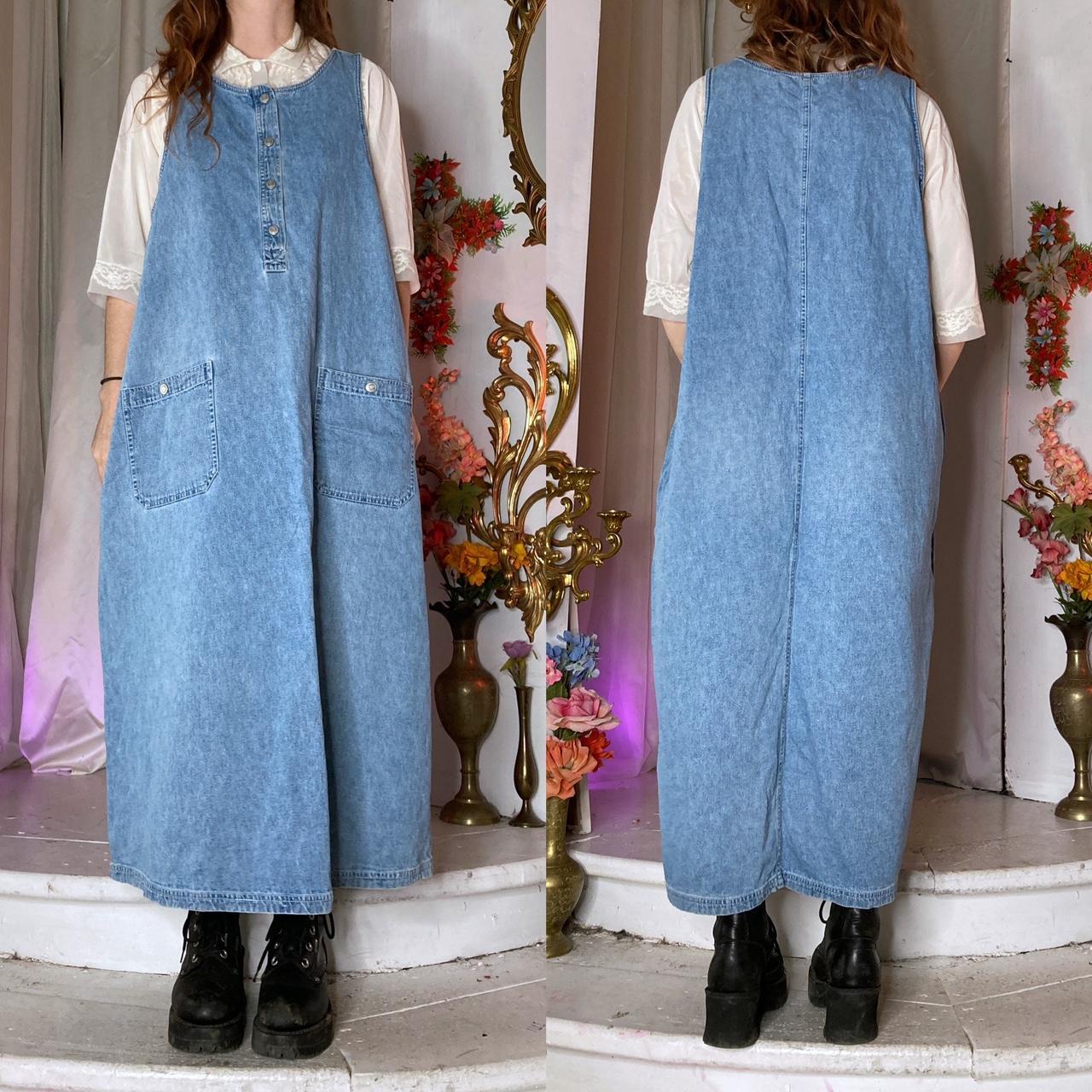 vintage 90s denim pinafore dress with a minimal... - Depop