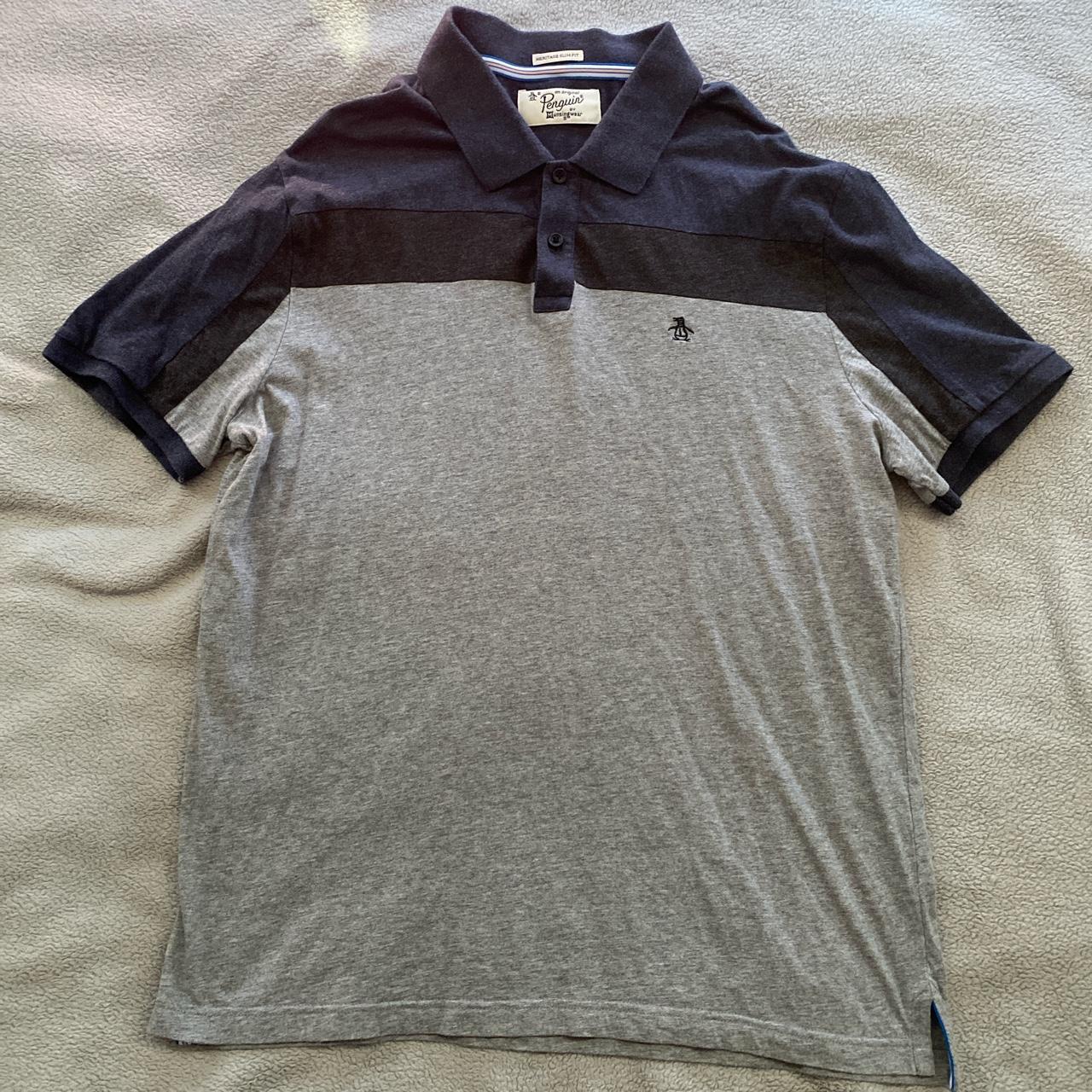 •Grey And Navy Blue Penguin Polo Shirt •Size... - Depop