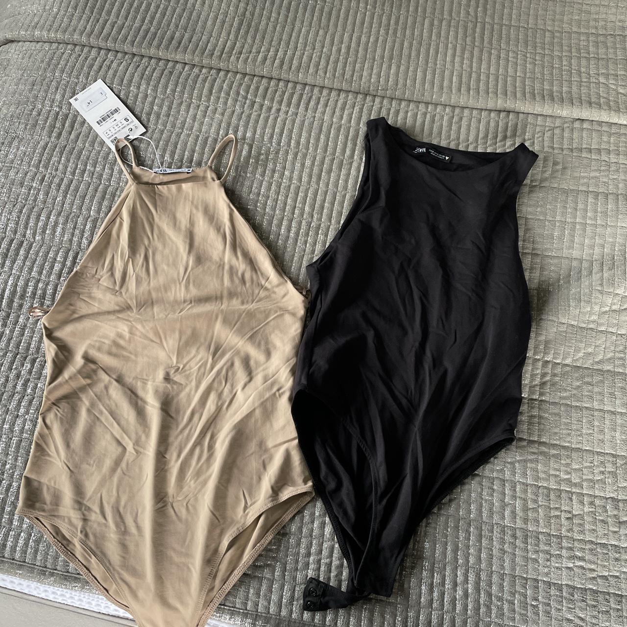 Pair Zara racer style body suit tan and black... Depop