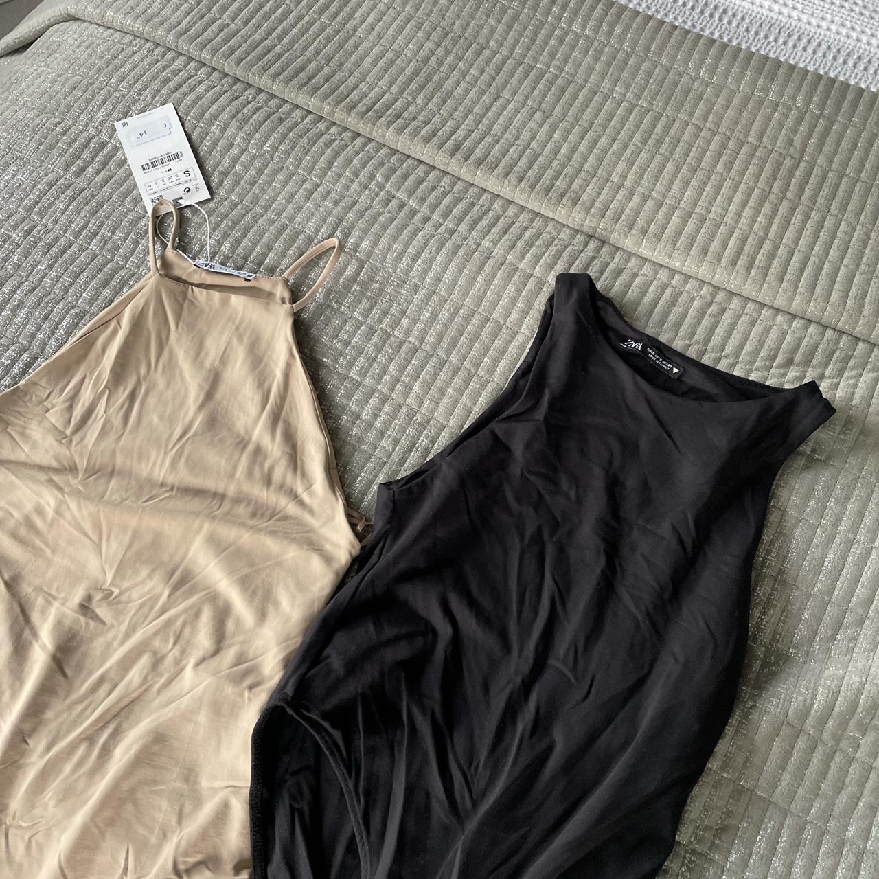 Pair Zara racer style body suit tan and black... Depop