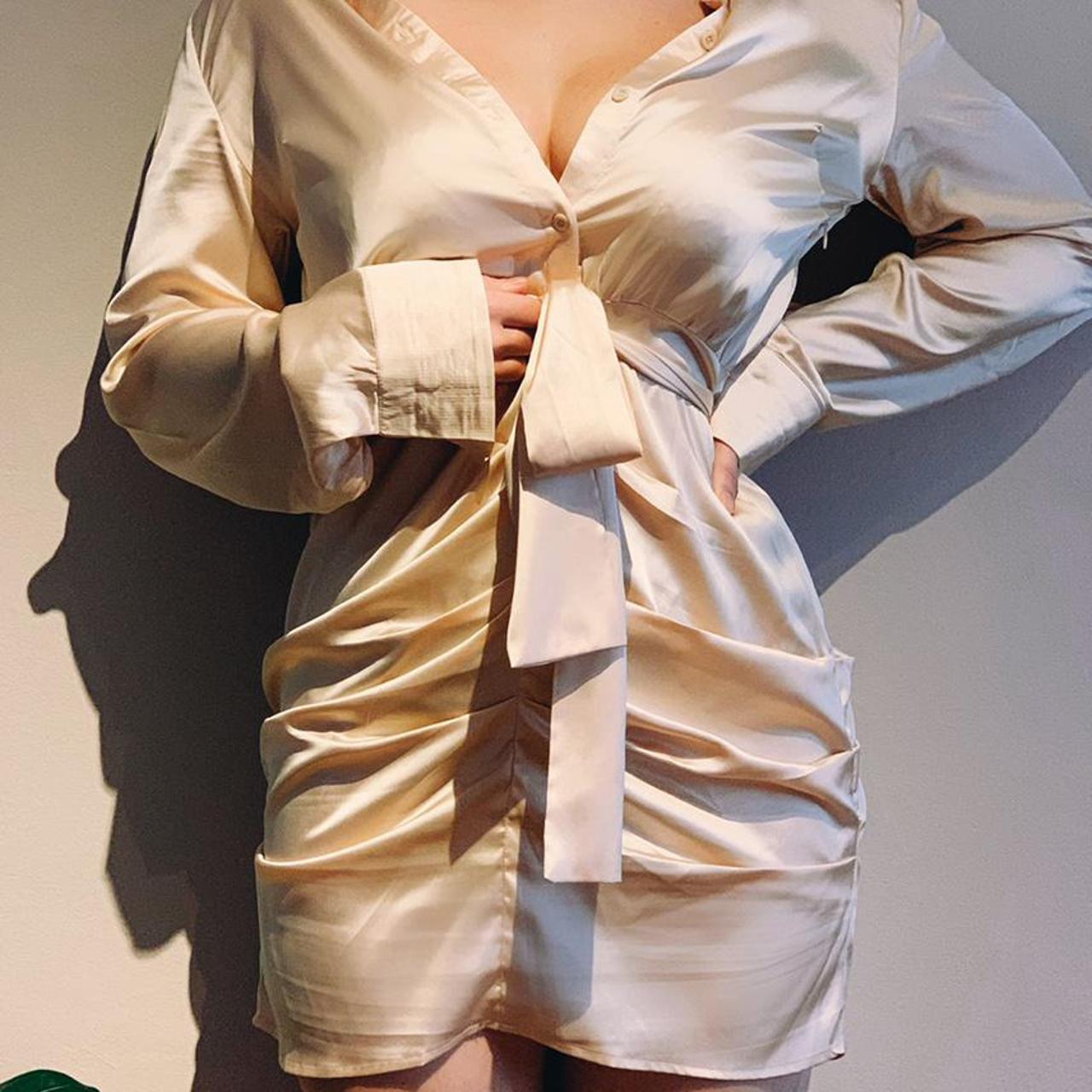 Champagne satin outlet ruched shirt dress