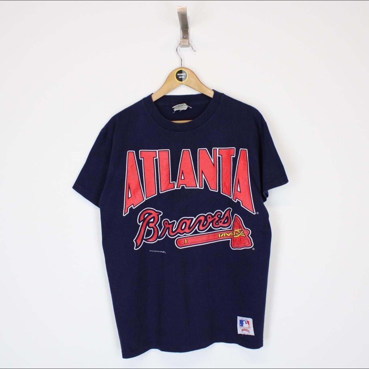 Vintage 1990 Atlanta Braves MLB Navy Blue and Red... - Depop