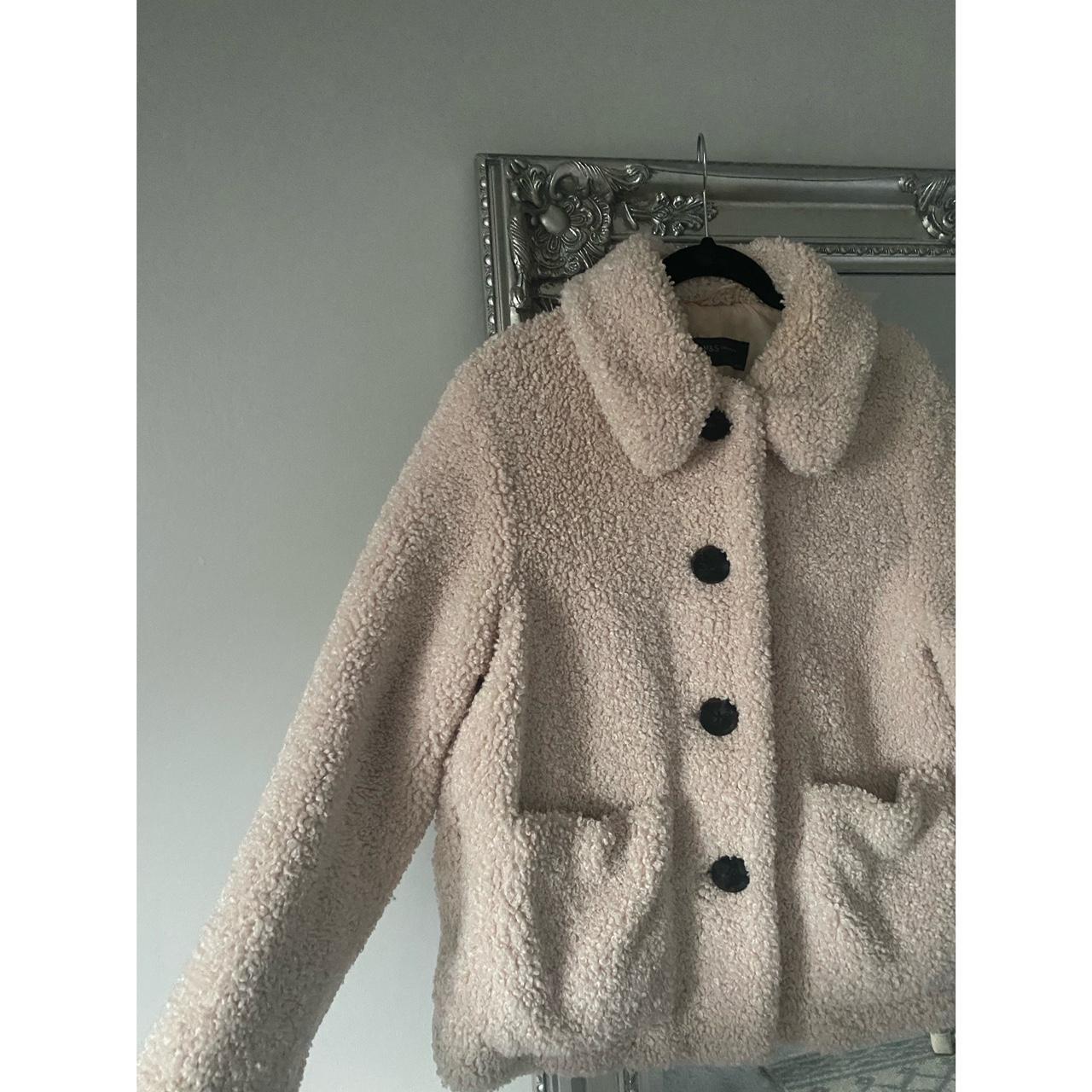 Mands White Cream Teddy Jacket With Collar And Black Depop