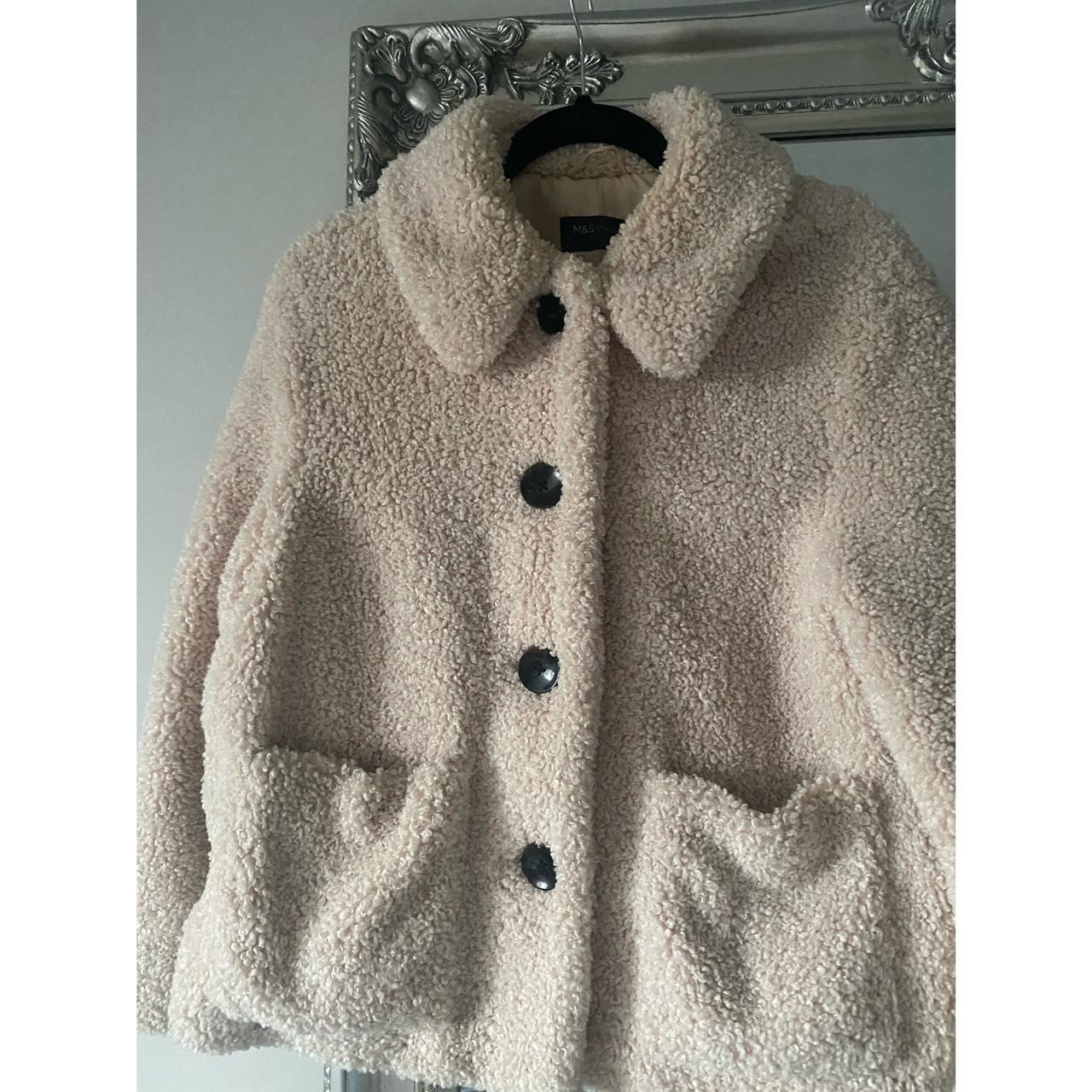 M&S white / cream teddy jacket with collar and black... Depop