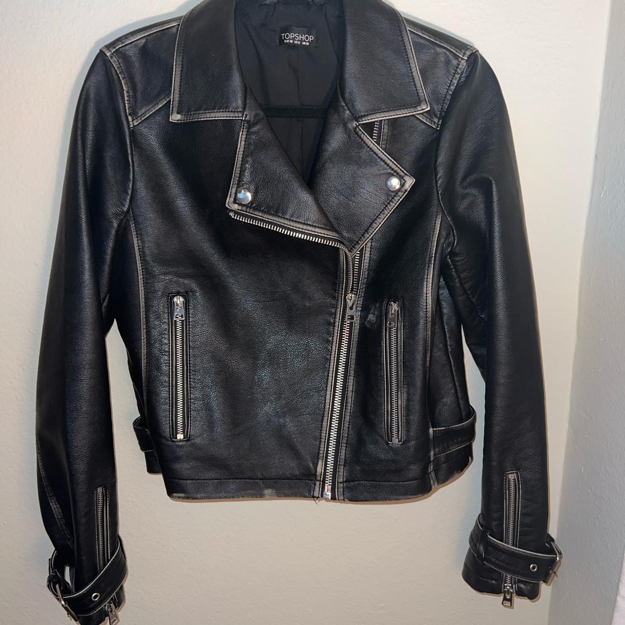 Topshop faux leather moto jacket. Size 6 in great... - Depop