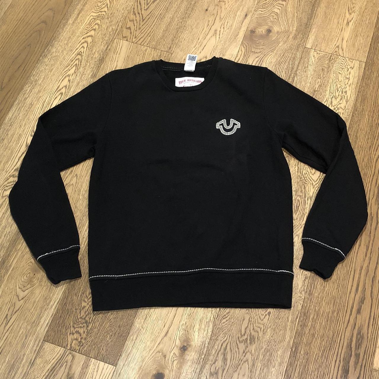 Black Triple Stitched Contrast True Religion Jumper... - Depop