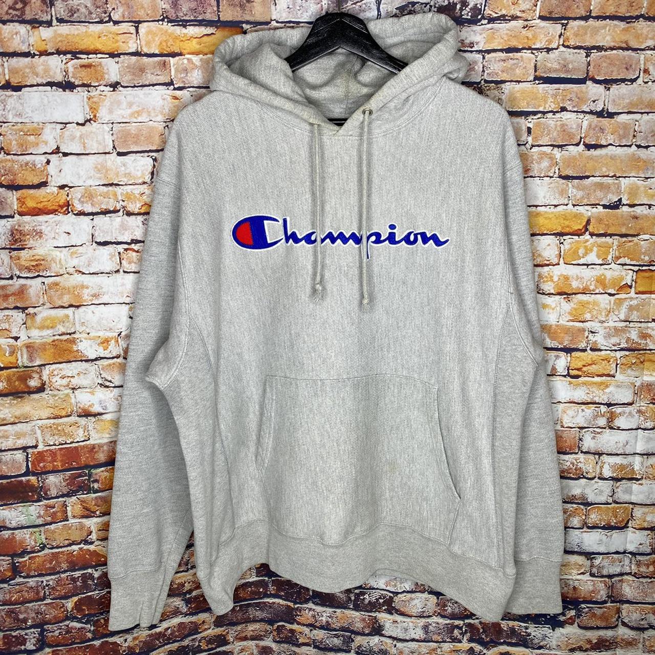 Champion Reverse Weave Chenille Logo Hooded... - Depop