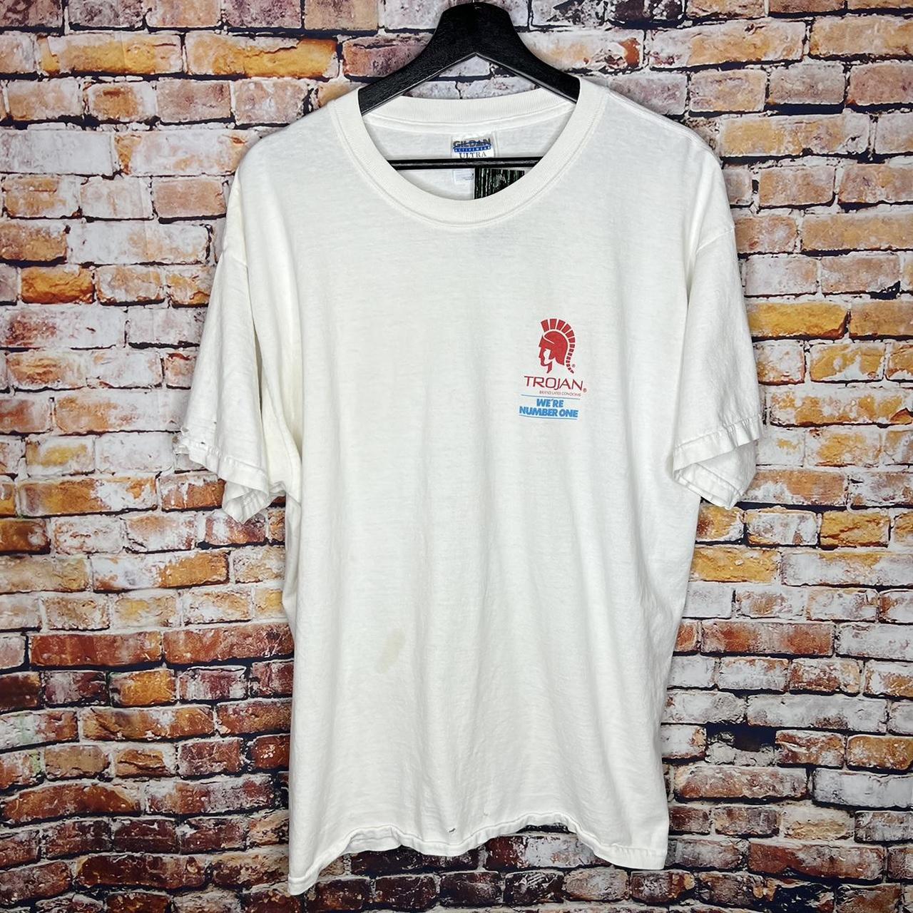 Vintage Trojan Condoms Number One T Shirt 00s Size:... - Depop