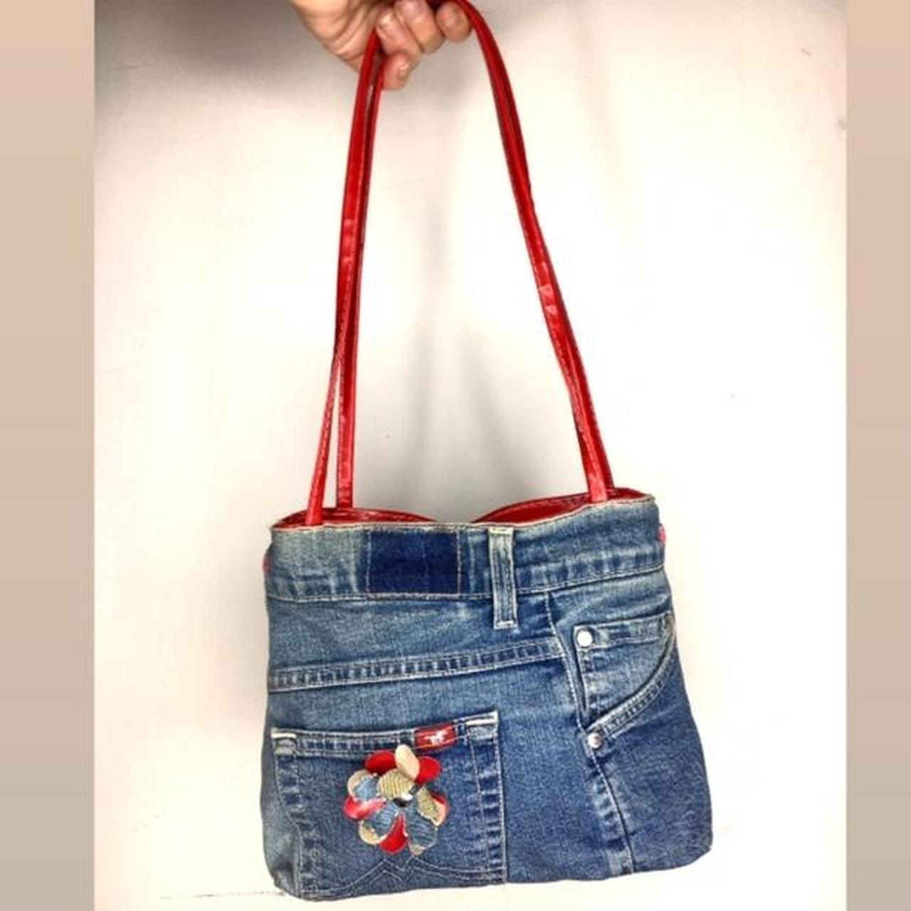 Vintage Y2K early 2000s denim Mini bag with long red... - Depop
