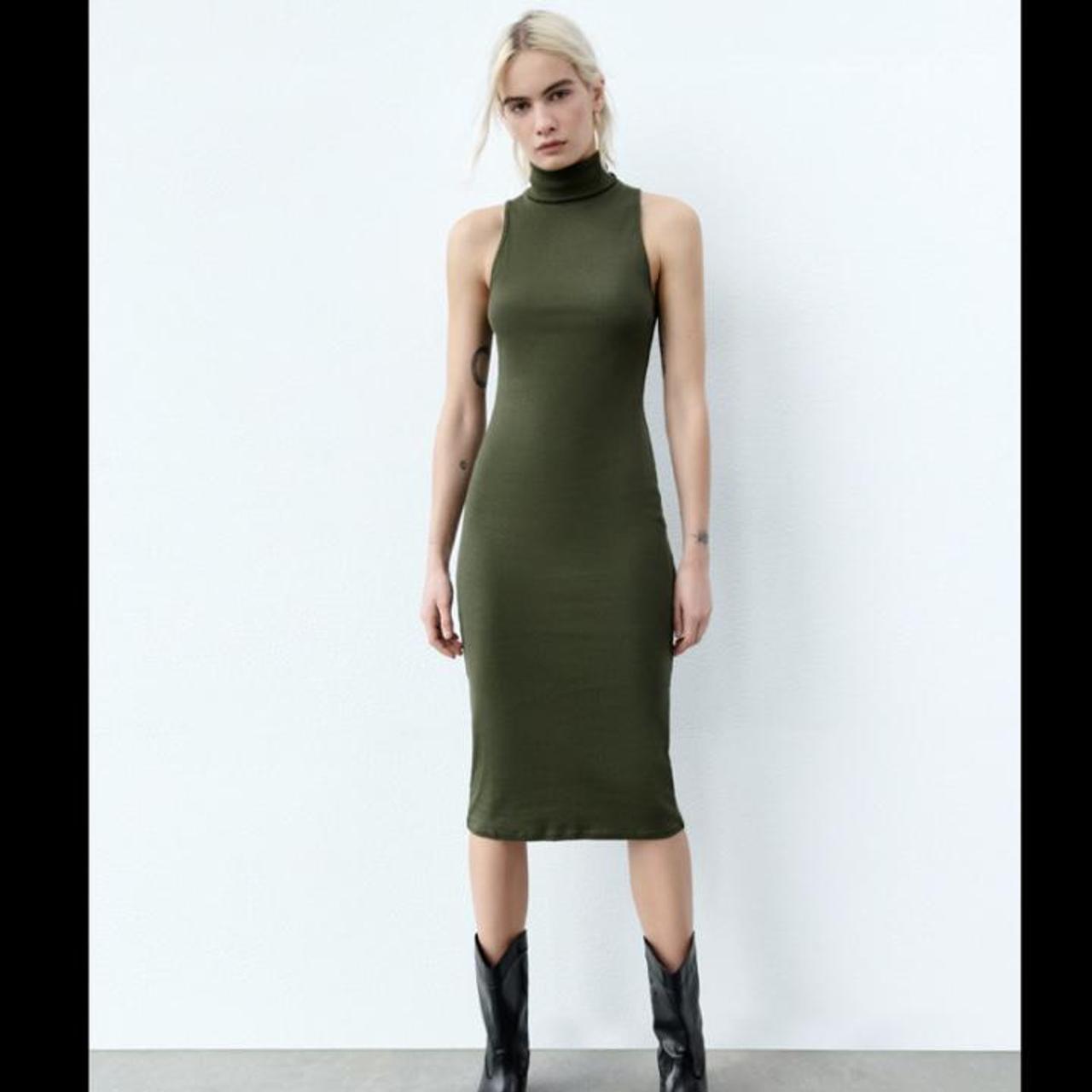 Zara Khaki ribbed midi dress☘️ Size small In great... - Depop