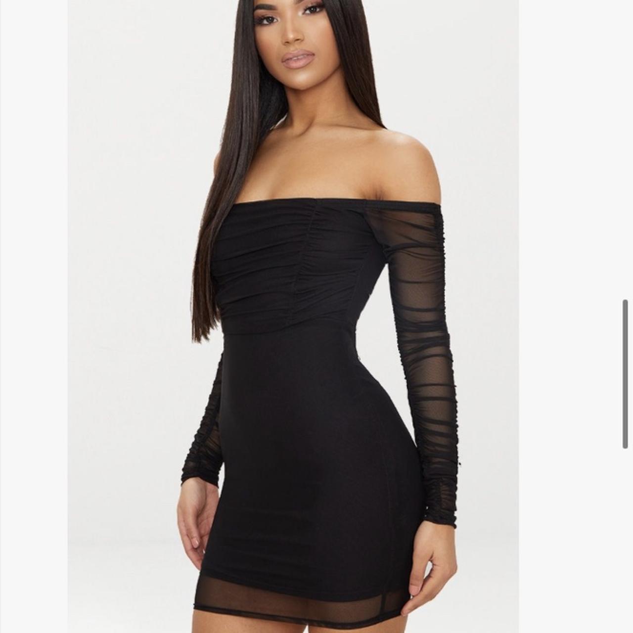 black ruched mesh bodycon dress