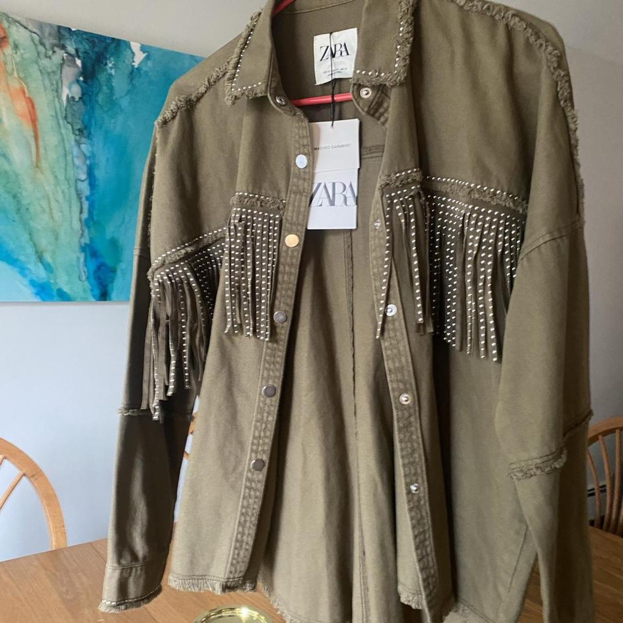 zara green fringe jacket