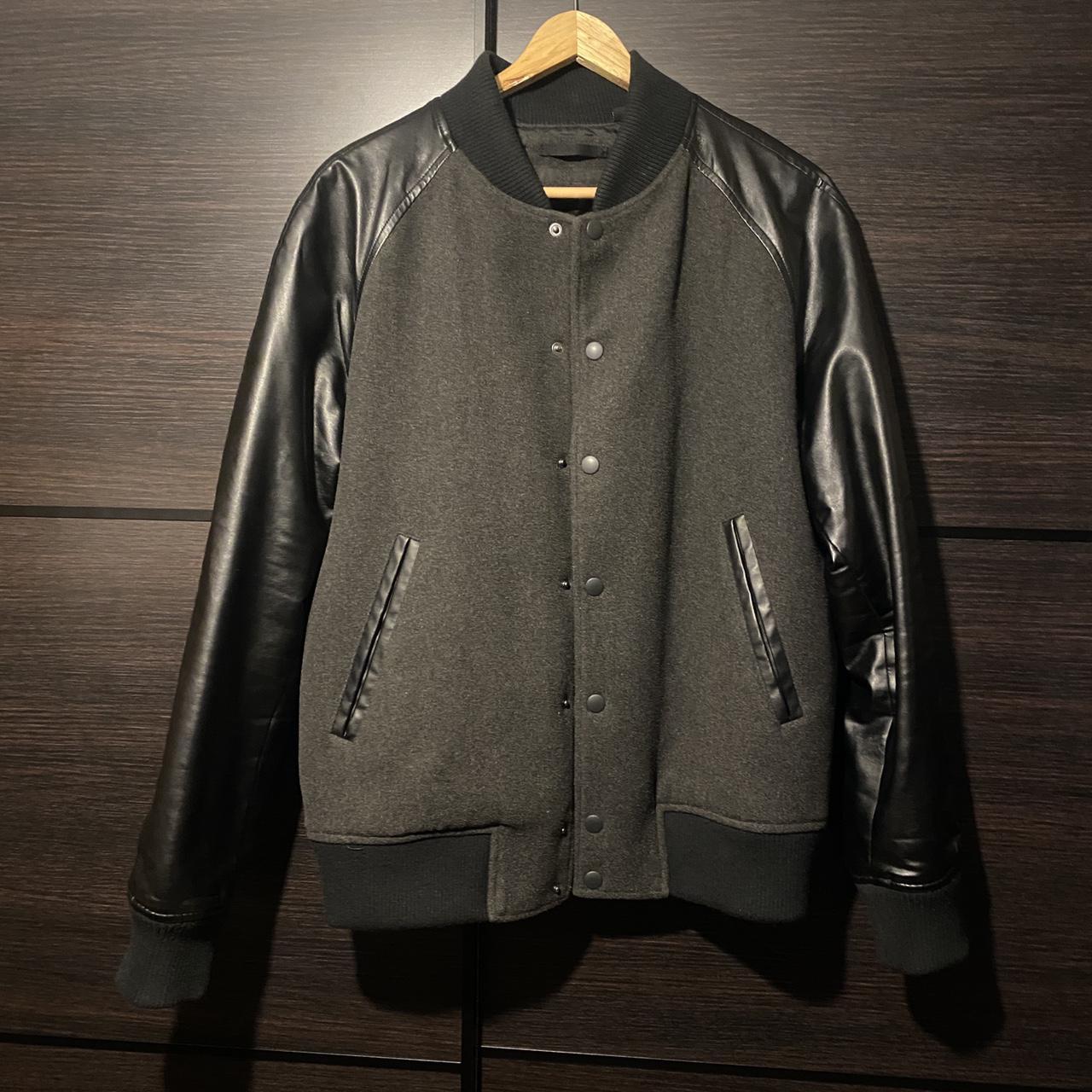 Uniqlo Varsity Bomber Jacket • Black Faux Leather... - Depop