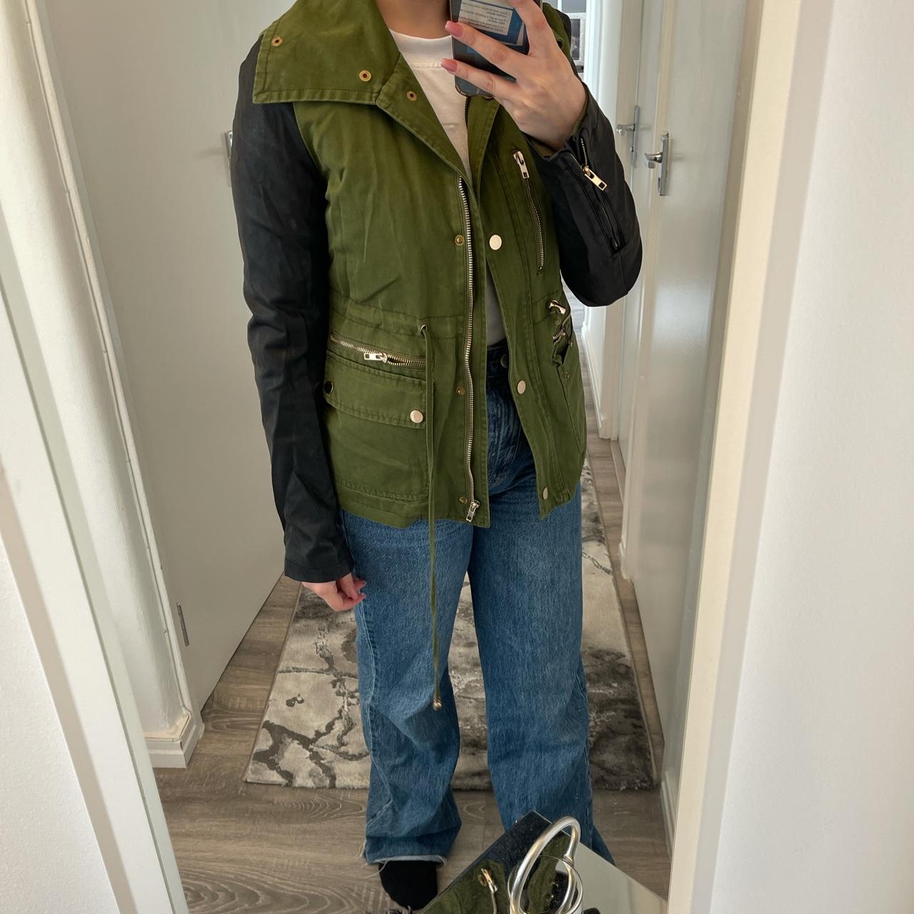 Khaki jacket with leather arms, there is also a... - Depop