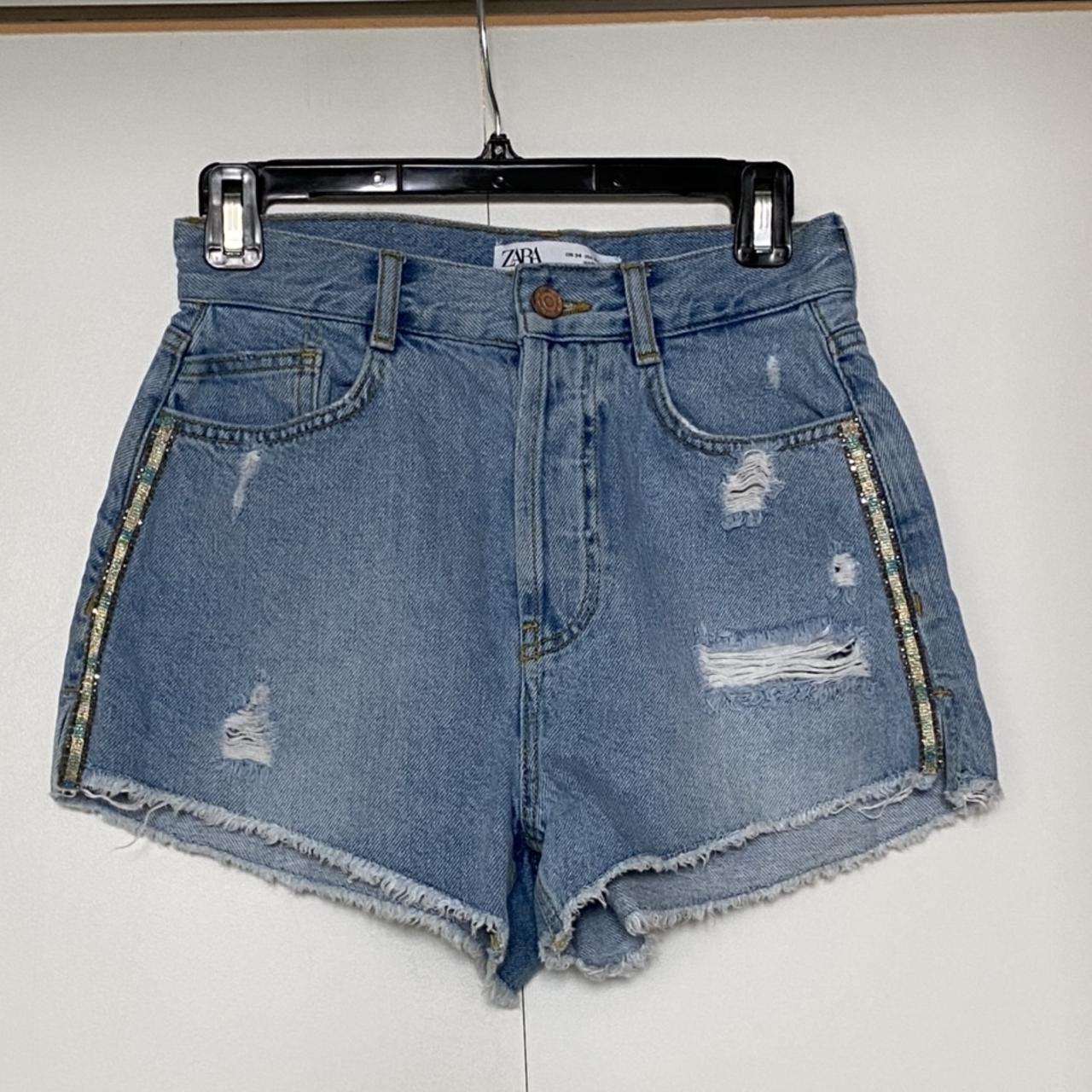 Zara Denim Shorts with stones on sides Size 02 - Depop