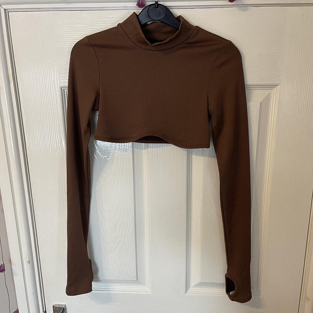 H&M brown extreme crop top Long sleeves with thumb... Depop
