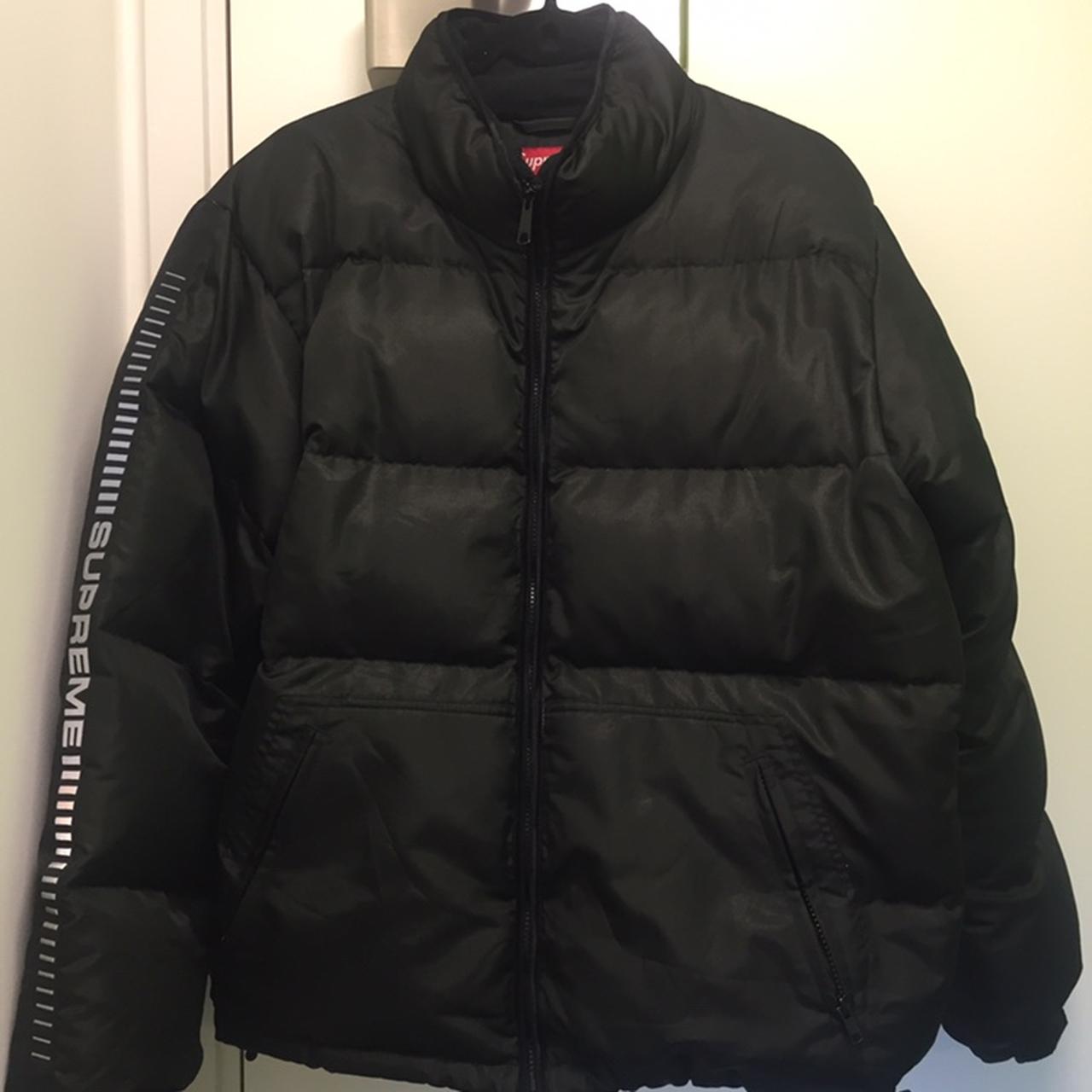 Supreme reflective sleeve logo puffy clearance jacket