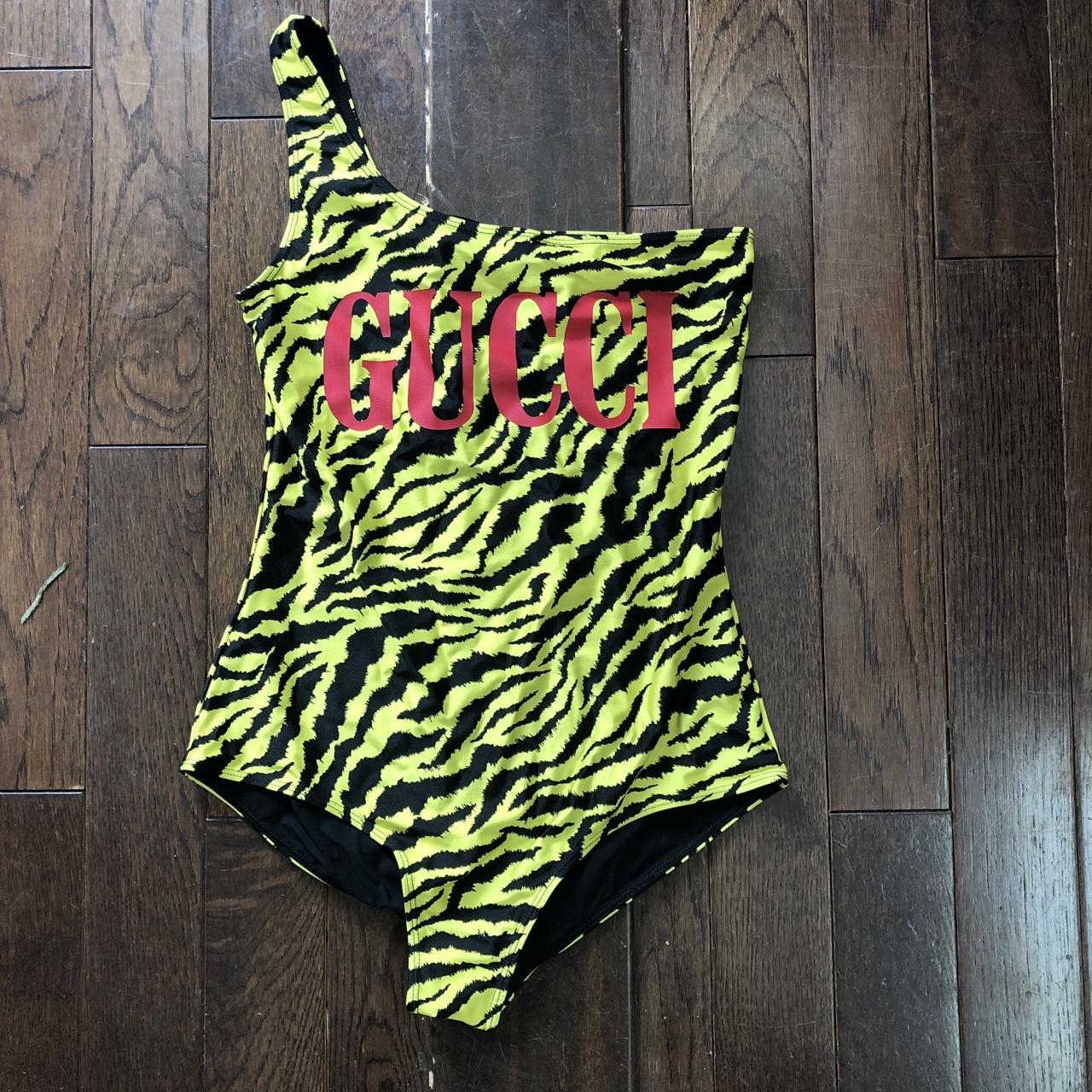 gucci neon yellow zebra one piece swimsuit. size L Depop