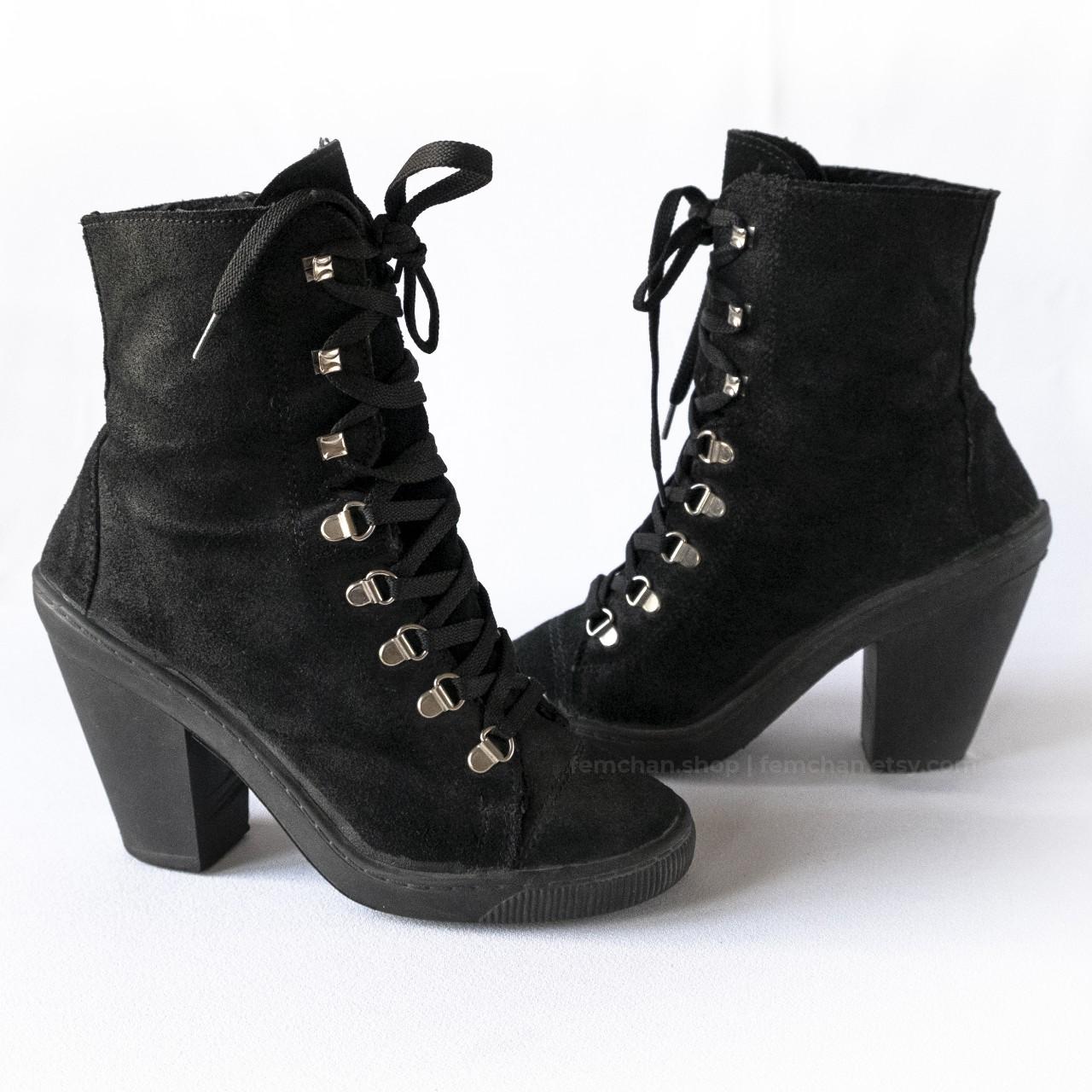 Black suede lace-up ankle boots w/ metal eyelets &... - Depop