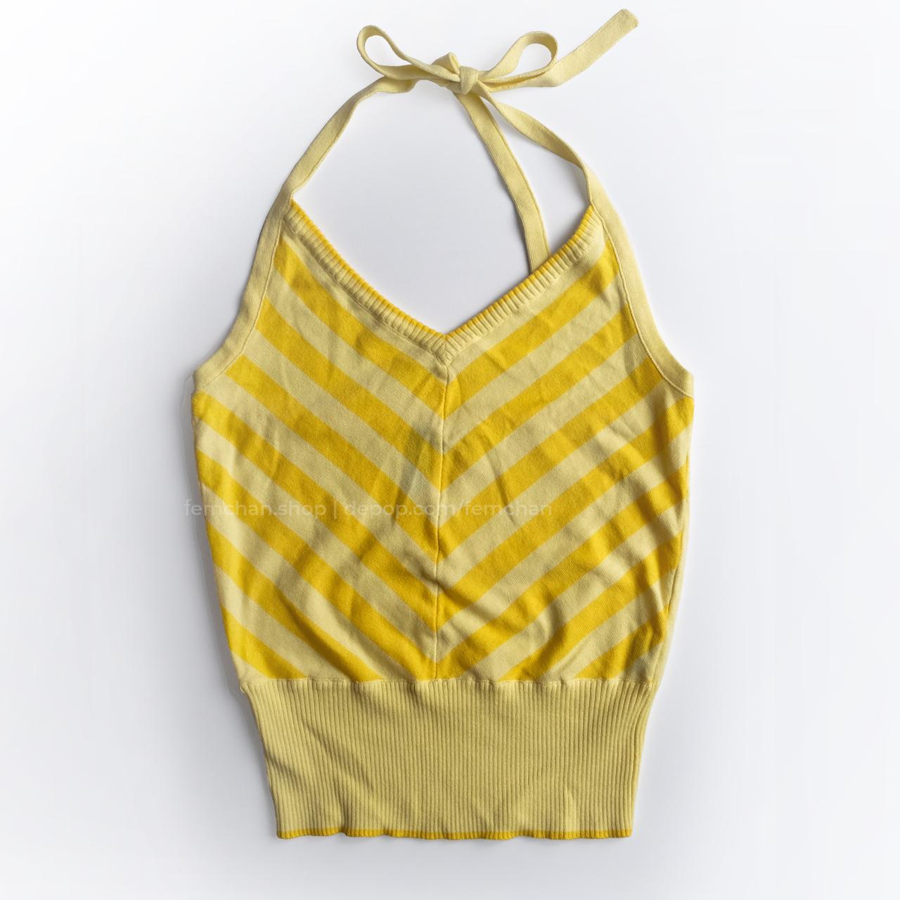 Sunny yellow knit tie halter top. Stretchy, very... - Depop