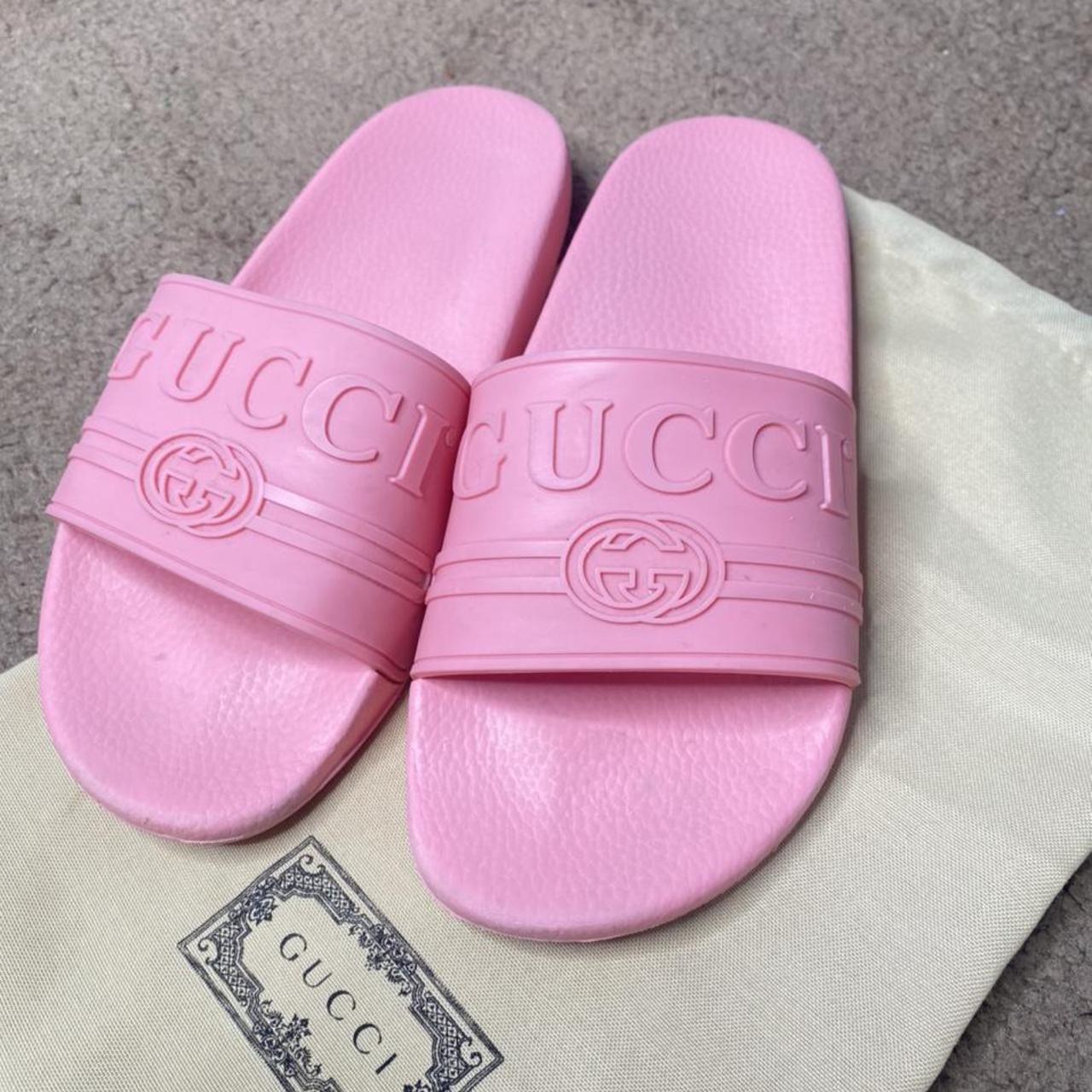 Pink Gucci Pursuit Pool Slides with dust bag +... - Depop