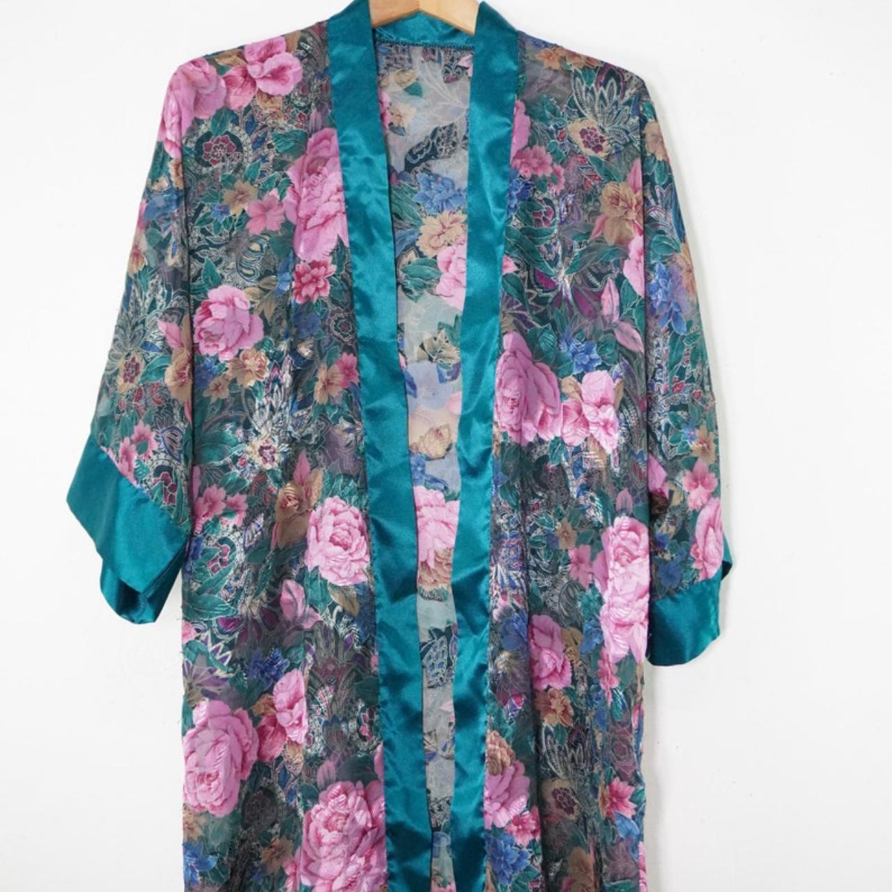 90s Shiny Metallic Robe - Sheer Floral Robe -... - Depop