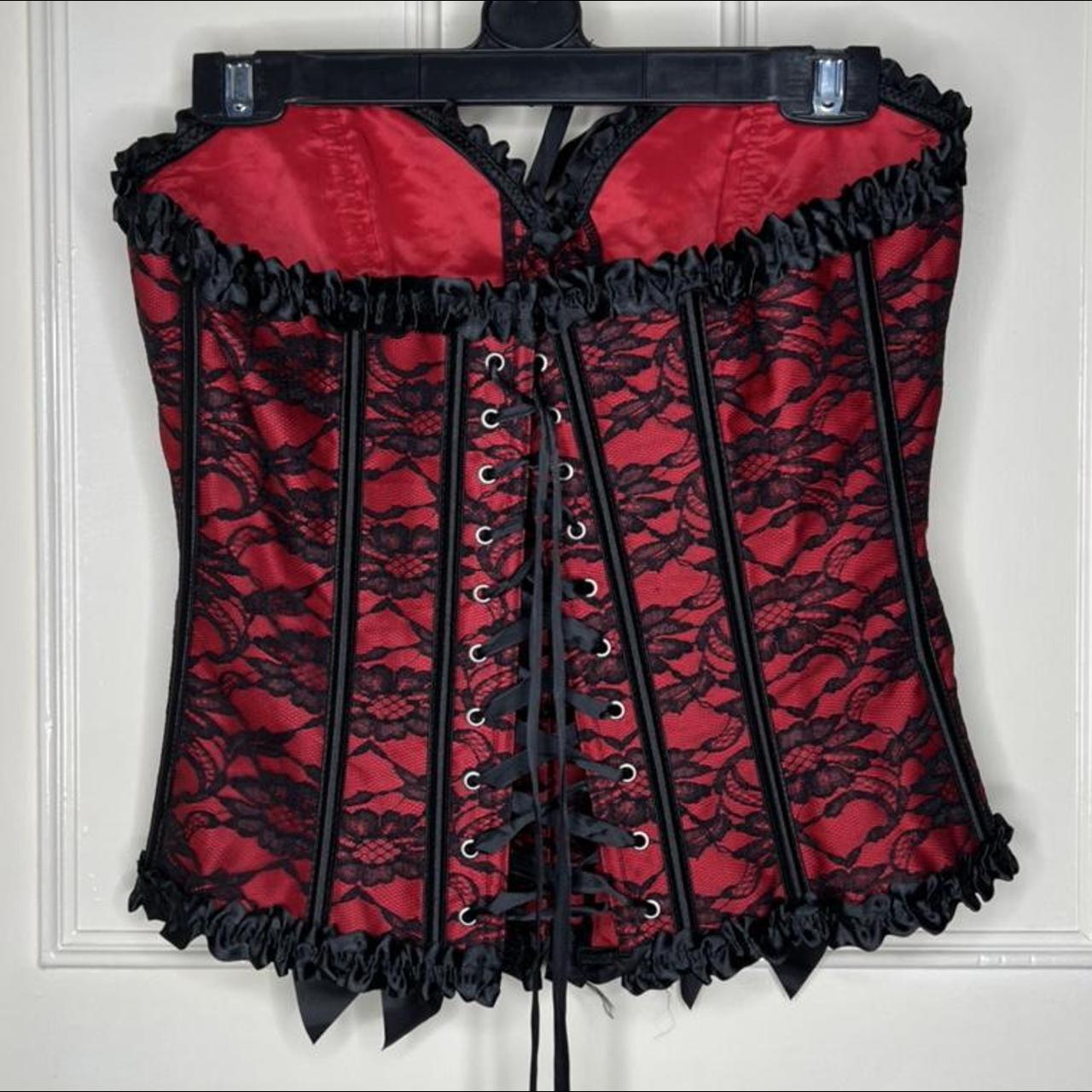 Vintage y2k red and black boned corset with lace... - Depop