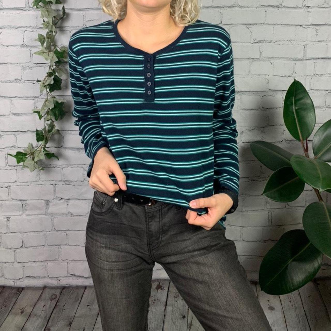 green and navy blue striped sweater