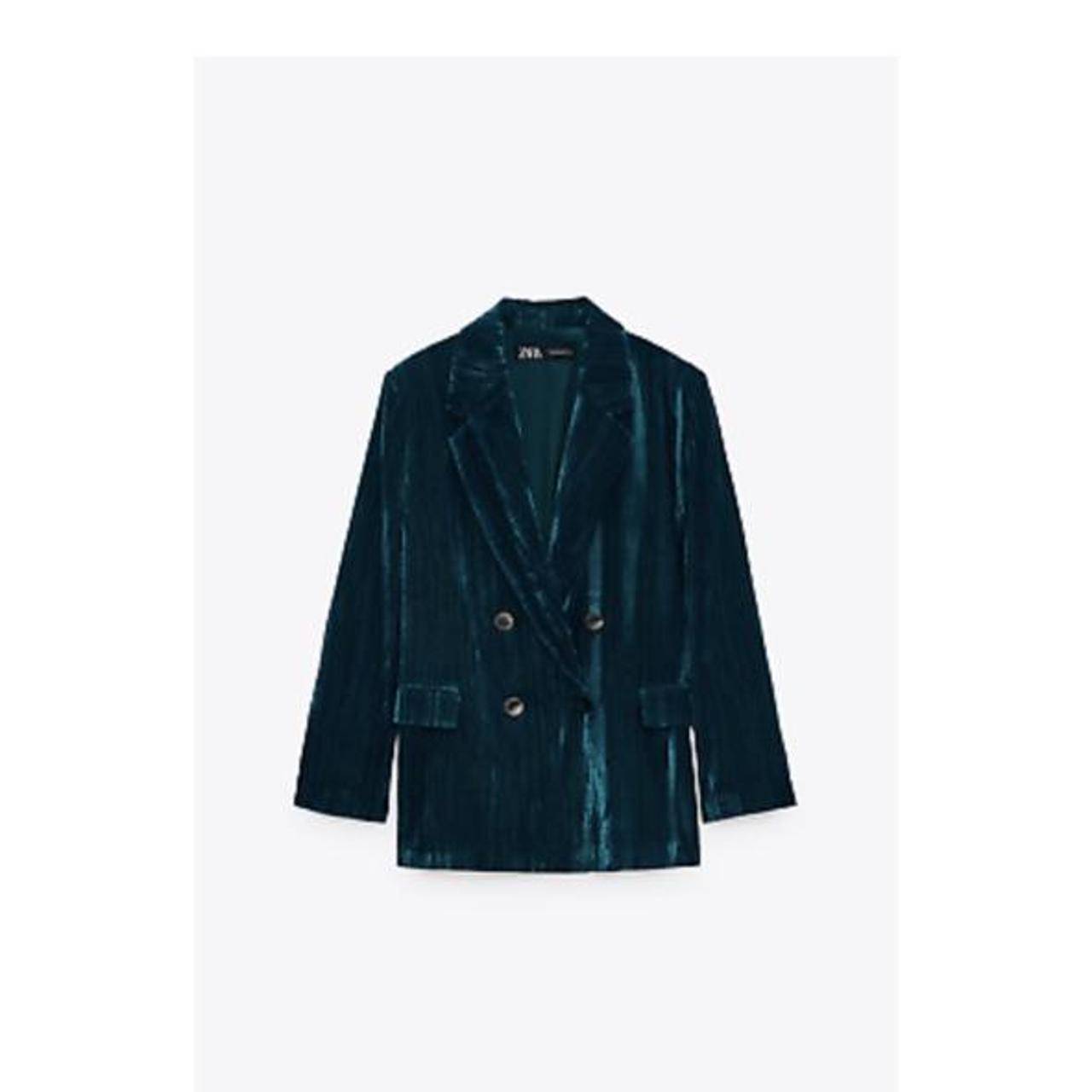 Zara Ocean Blue Wrinkled Effect Velvet Blazer and... Depop