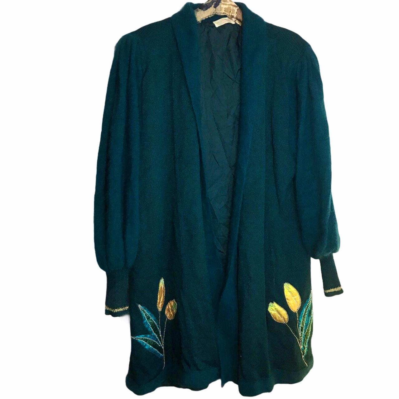 Vintage mohair cardigan Long green knitted coat... - Depop