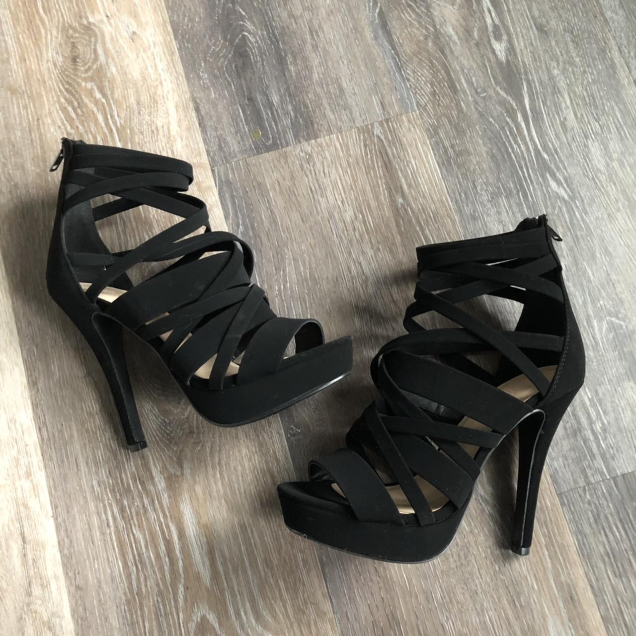 wowza. black strappy heels, sexy as hell! never... - Depop