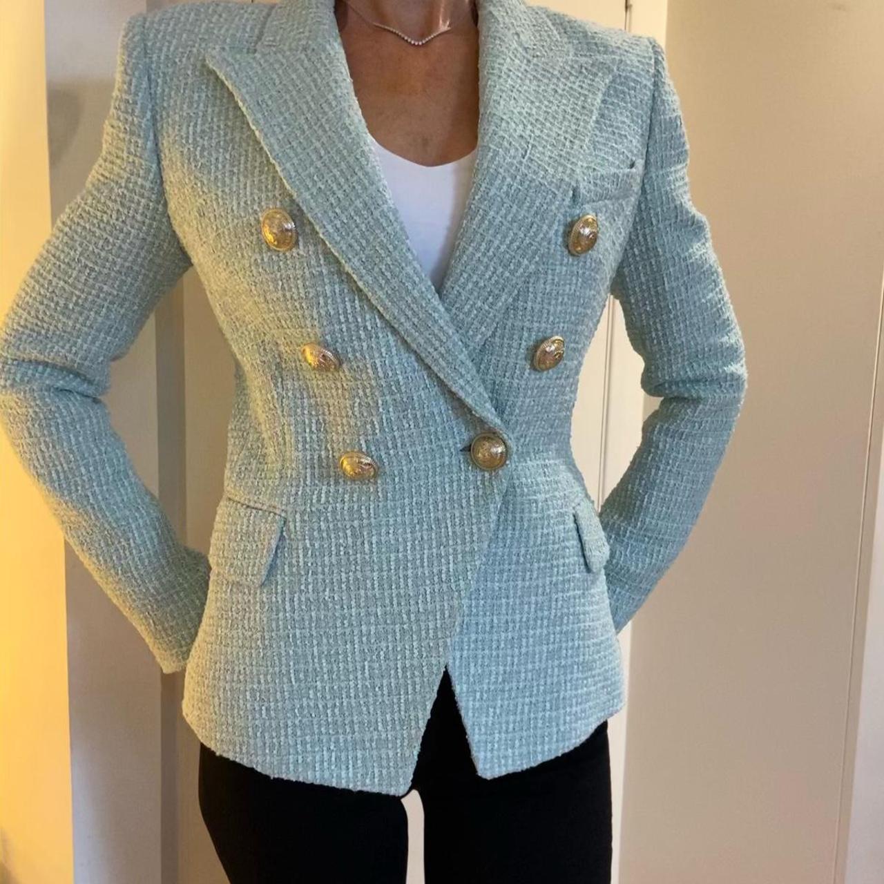 BALMAIN BLAZER Mint green tweed Size 38/ Size... - Depop